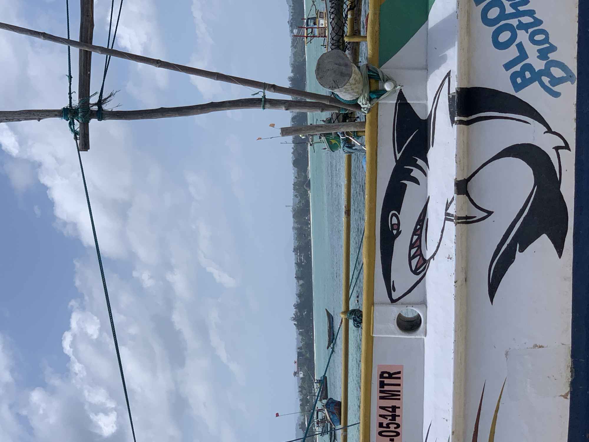 This image captures a view of the ocean from a boat in Weligama, Sri Lanka. The foreground is dominated by the side of a white boat, adorned with a graphic of a shark with its mouth open and sharp teeth, and text that reads "BLOOD BROTHERS". There is also a pink rectangle with black text "0544 MTR" on the boat's side. The boat is tethered by ropes to wooden poles that extend upwards. In the background, several other boats are visible on the turquoise ocean water, with a sandy beach and lush green vegetation lining the coastline. The sky is filled with scattered white clouds against a pale blue backdrop. The overall scene depicts a typical fishing harbor or coastal area in Weligama, known for its surfing and fishing communities.