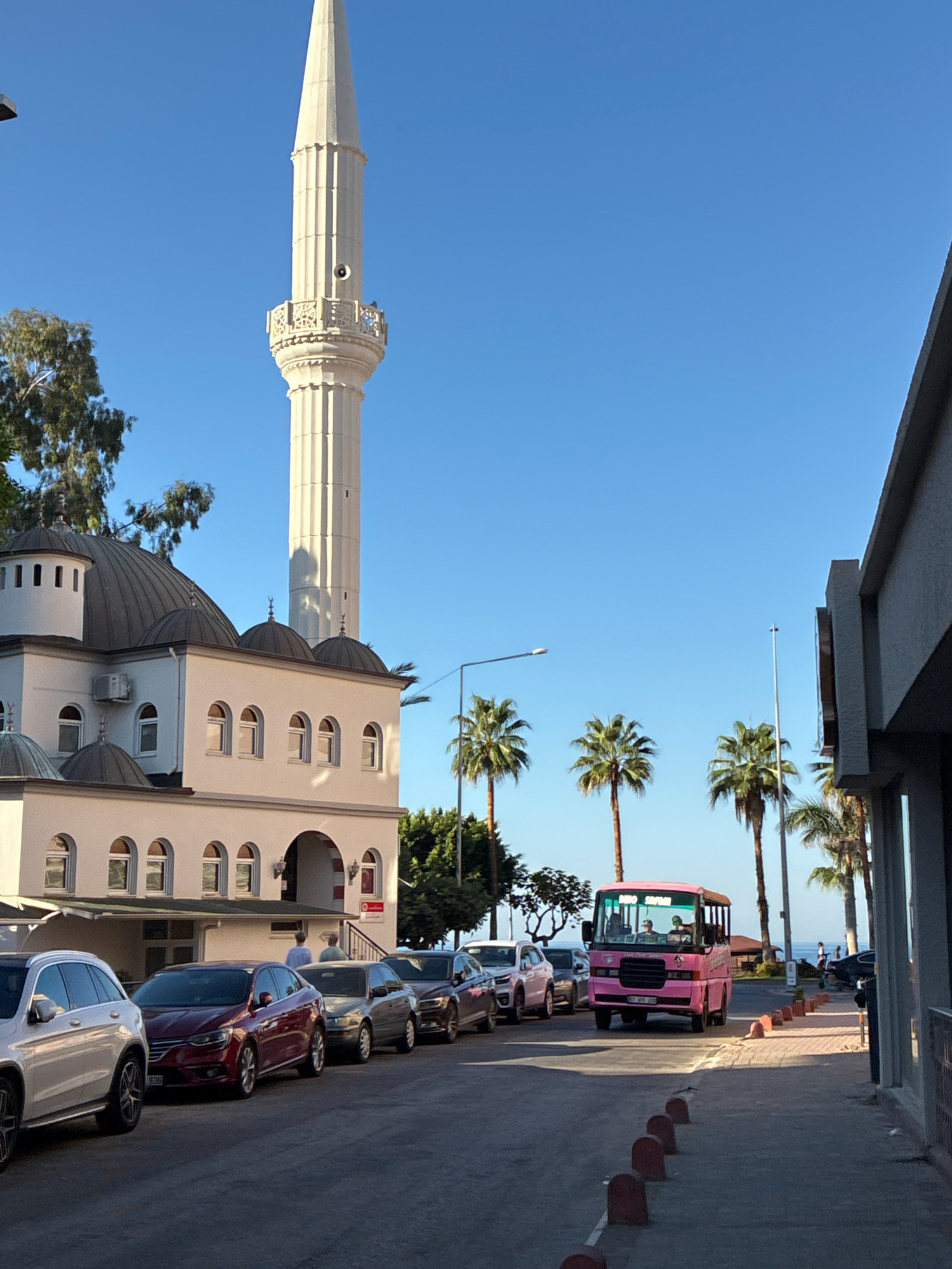 In Alanya, Turkey, a street scene unfolds under a clear blue sky. A modern mosque with a tall, white minaret and multiple domes dominates the left side of the frame. In front of the mosque, a row of parked cars, including a white SUV and a red sedan, line the street. Further down the road, a bright pink tour bus, possibly a hop-on hop-off or sightseeing vehicle, is captured in motion. Palm trees are interspersed throughout the background, suggesting a warm climate. The street is paved, with a sidewalk lined with small, rounded bollards. People are visible walking on the sidewalk and near the bus. Buildings, some with arched windows, flank the street, and a glimpse of the sea can be seen in the distance. The overall impression is of a sunny day in a coastal city.