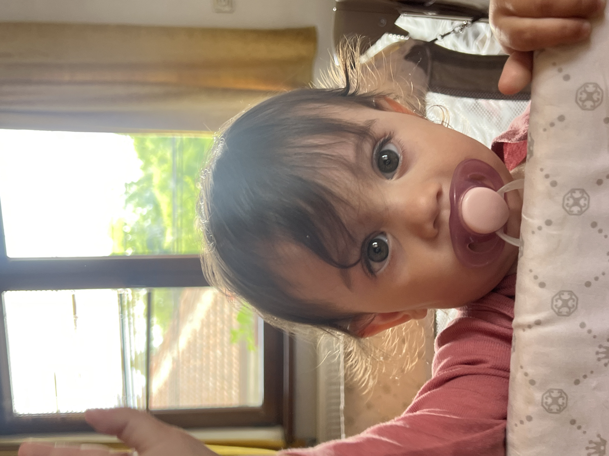 A young child with dark hair and light eyes, wearing a pink shirt and sucking on a pink pacifier, is positioned near a window. The window frames a view of foliage and buildings, suggesting an outdoor setting. The child is also near a patterned, possibly padded object. The location is Elena, Bulgaria.