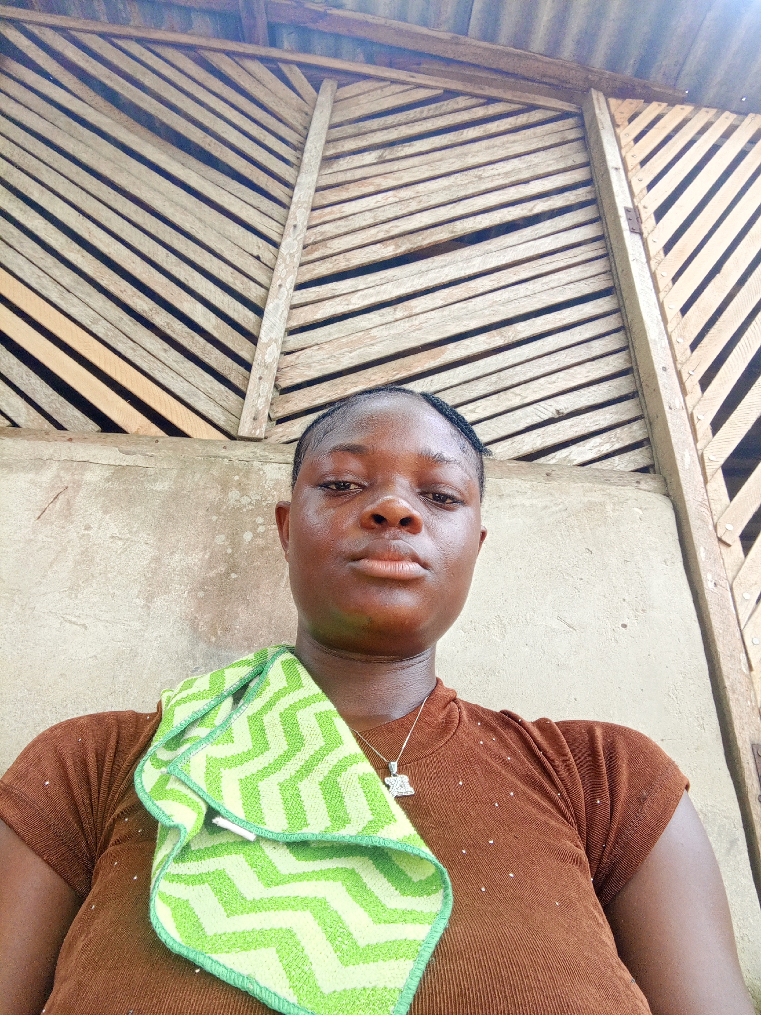 A medium-shot self-portrait of a young Black woman with short hair is set against a weathered background that appears to be an exterior wall constructed of concrete or plaster topped by a slanted wooden latticework.
The woman, whose gaze is directed towards the camera, is wearing a brown, short-sleeved shirt adorned with small reflective embellishments. A green and white chevron-patterned towel is draped around her neck and over her left shoulder. A silver necklace with a pendant is visible around her neck.
The weathered wall behind the woman indicates an outdoor environment, and the wooden latticework above, constructed of parallel slats, suggests a structure, potentially a roof or an awning. The setting is possibly in Mbribit, Nigeria, judging by the request.
