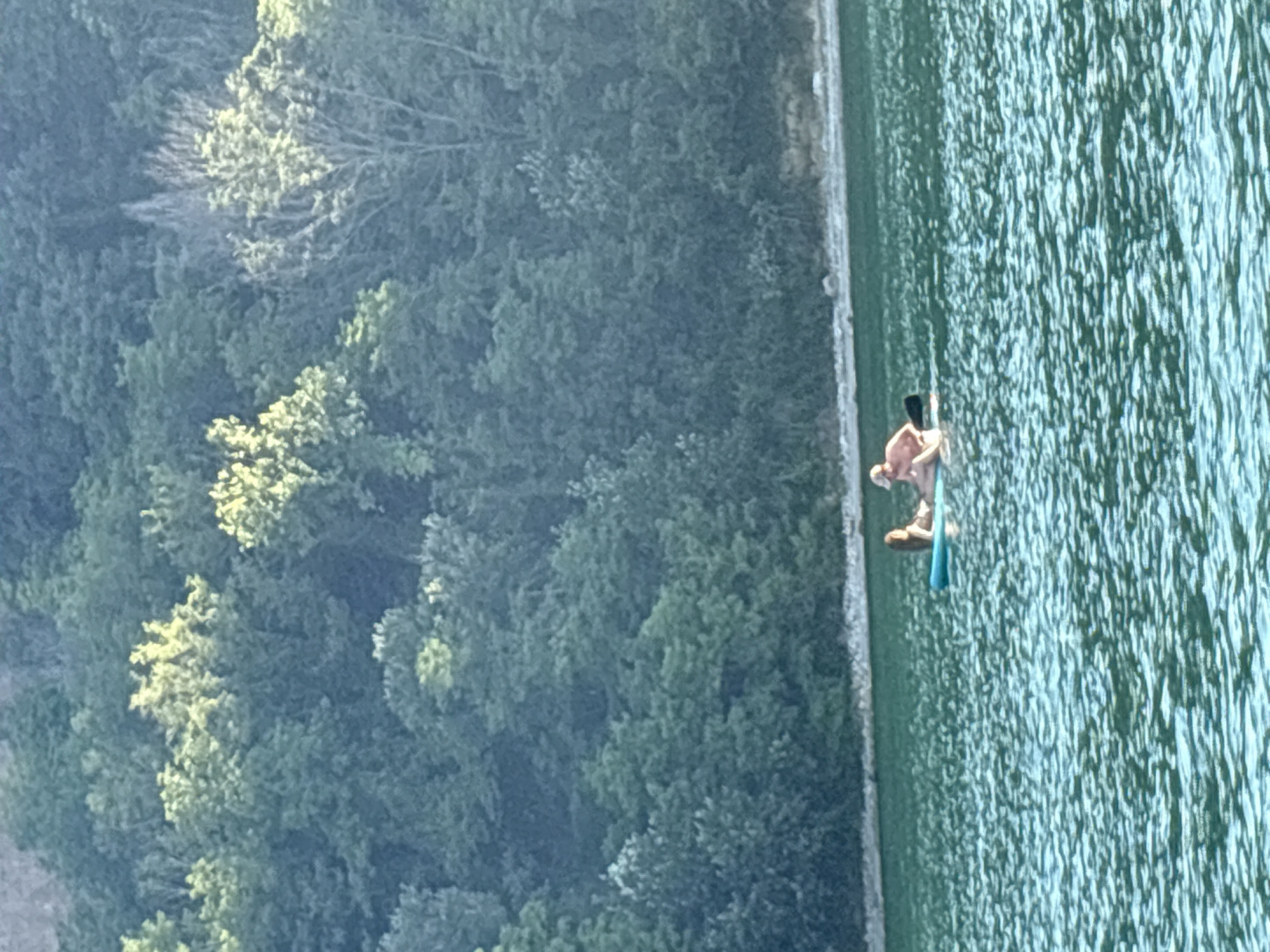 In a body of water, two people are on a paddleboard. The person in front is wearing a tan hat and shorts and is holding a paddle. The person behind them is wearing a bikini and is lying down. The water is a vibrant turquoise with ripples and small waves. In the background, a lush green forest covers a hillside. The sky is not visible. The scene appears to be outdoors, likely during the daytime.