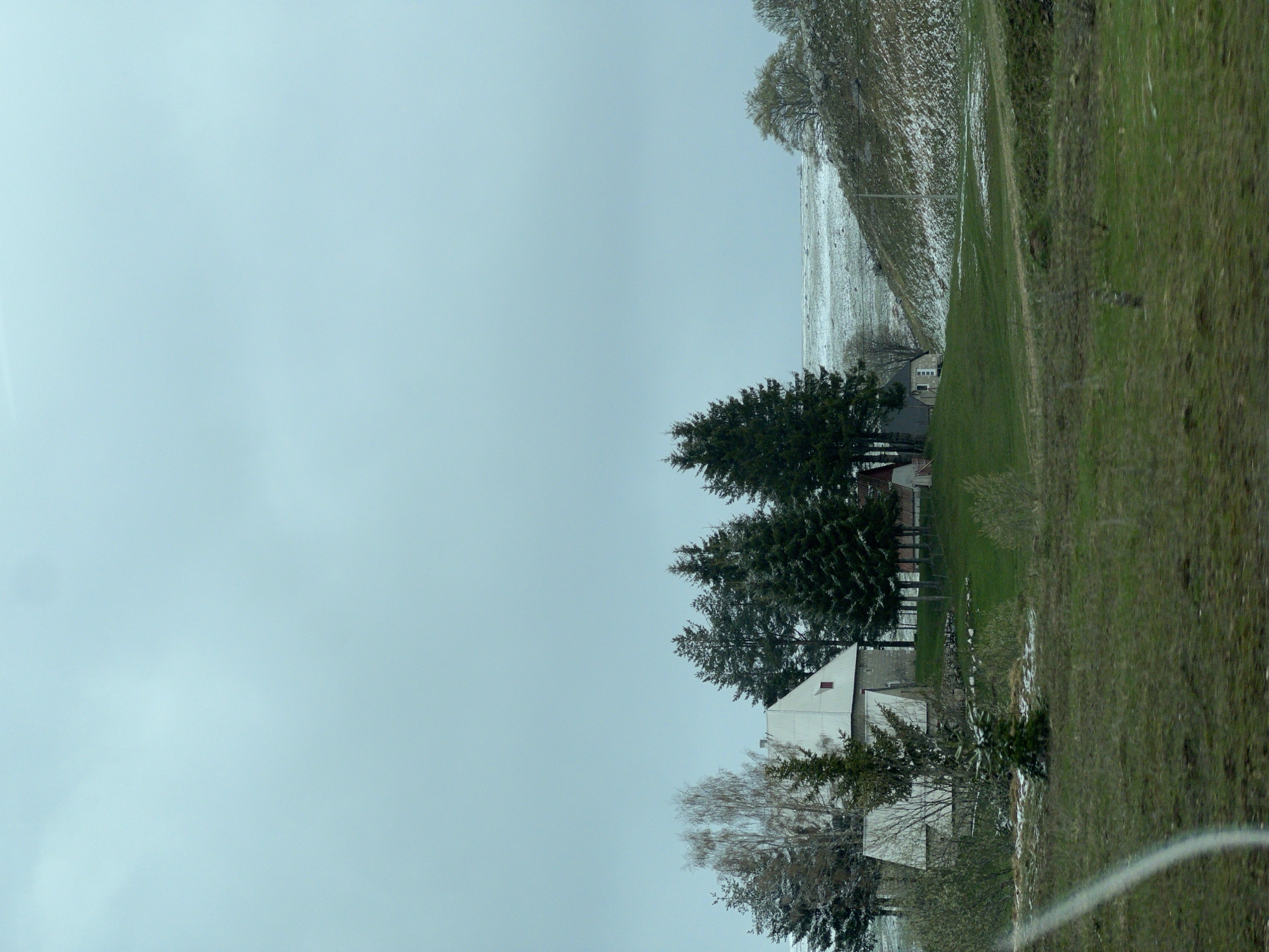 The image shows a rural landscape, possibly in the vicinity of Provalija, Montenegro. A field with green grass occupies the right side of the image, with traces of snow. A sloping hillside appears behind the field. A cluster of tall evergreen trees are located near a white building with a red roof. A grey building is behind it, adjacent to bare trees. The sky is overcast and light gray.