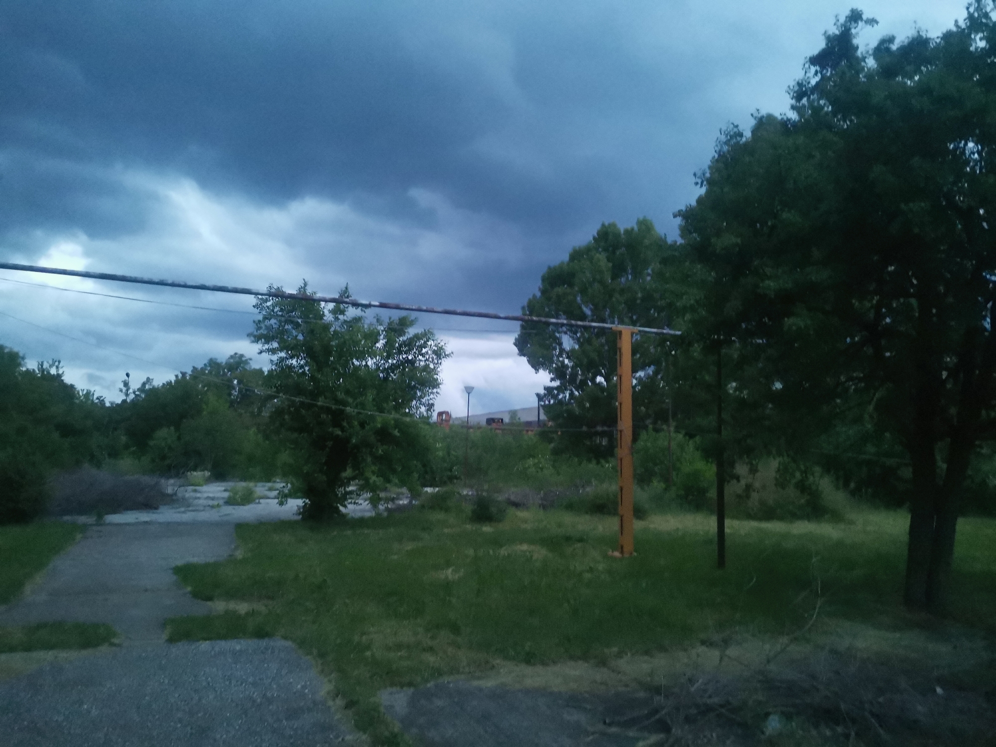 This image captures an outdoor scene in Zhivkovo, Bulgaria, under a dramatic, heavily overcast sky that casts a dim, blue-grey light, suggesting late afternoon or early evening with imminent stormy weather.
The foreground features a textured ground surface, combining a gravel-like path with patches of concrete and overgrown green grass. This path appears somewhat unkempt, leading further into an area dense with low-lying bushes and scattered piles of cut branches or natural debris.
In the mid-ground, a makeshift structure dominates the view, consisting of a long, horizontal metal bar (or two connected bars) suspended between two upright posts. The right post is a light yellow-brown, possibly wooden, while the left post is a darker, slender pole. This structure resembles a rudimentary frame for a net, perhaps for sports or utility. The ground around it is covered in lush green grass.
The scene is heavily populated with vegetation. Numerous trees with dark green foliage are scattered throughout the image, appearing particularly dense on the right side and in the distant background. Some smaller trees and bushes are also visible towards the left and center.
In the far background, beyond the dense tree line, faint outlines of industrial or commercial buildings with flat roofs can be discerned. What might be a large vehicle or machinery is partially visible near these structures, along with a distant street light or utility pole.
The overall impression is one of a neglected or abandoned outdoor space, possibly on the outskirts of an industrial area, shrouded in the somber light of an approaching storm. No people or visible text are present in the image.
