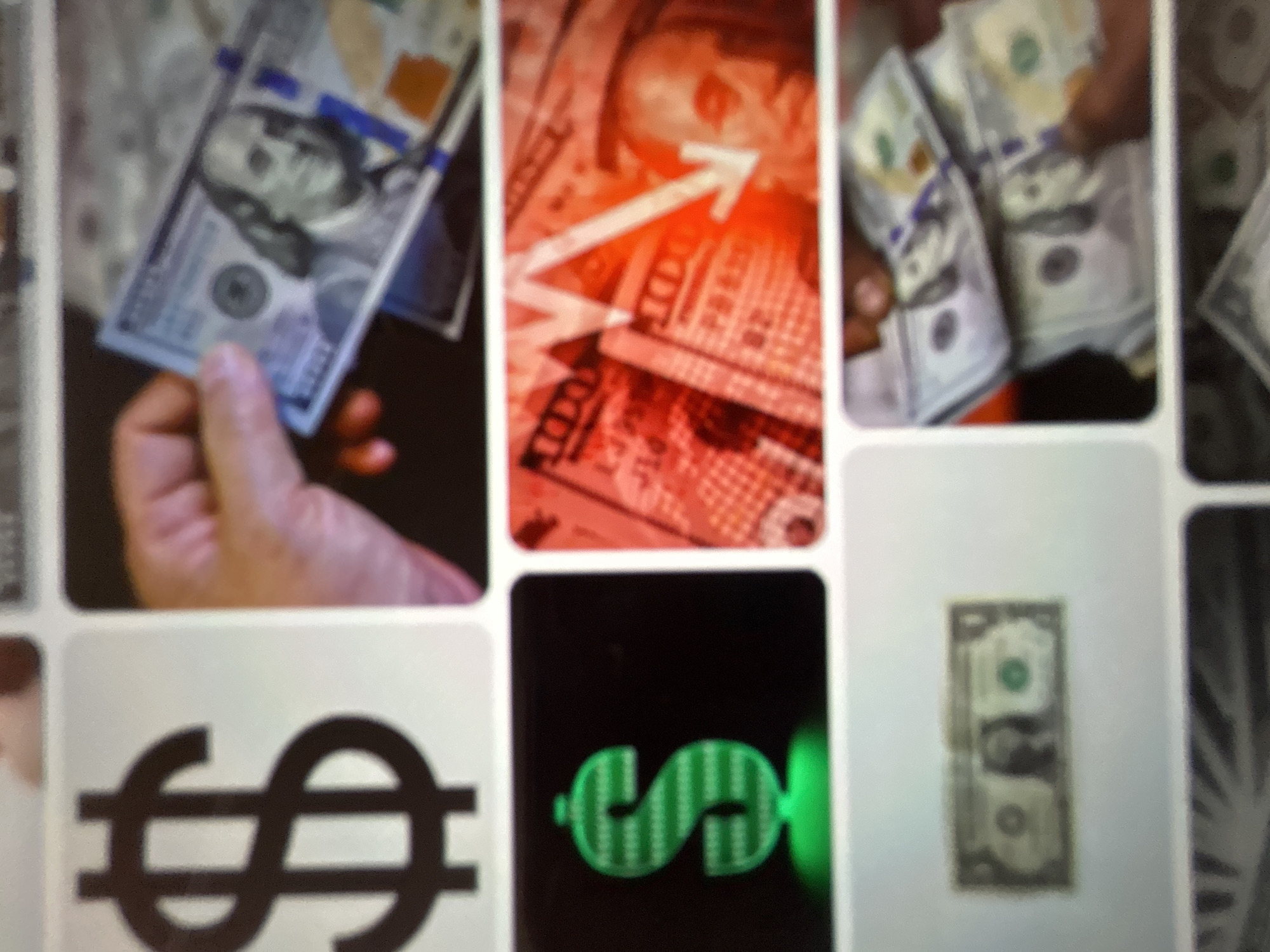 This media file is a collage of images related to money. The main subjects are US dollar bills and dollar signs.
The top row features images of 100 dollar bills. One image shows a hand holding a 100 dollar bill, suggesting an action of counting or holding money. Another image shows 100 dollar bills with a red overlay and an upward trending arrow, symbolizing financial growth or profit. A third image in the top row shows hands holding stacks of 100 dollar bills.
The bottom row shows different representations of the dollar sign. One is a large, dark dollar sign. Another is a neon green dollar sign against a black background. The last image is a close-up of a single dollar bill, likely a one dollar bill given its size and color.
The overall theme is finance and wealth. There are no specific cues about the time of day, weather, or location within Gelendzhik, Russia, other than the implied subject matter of money. The emotions conveyed are those of prosperity and financial success. No discernible text is visible in the images.