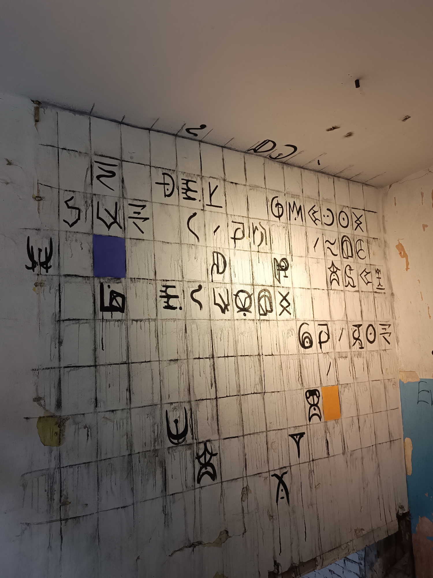 An abandoned room in Yelets, Russia, features a large mural covering a tiled wall. The mural consists of a grid of symbols, painted in black, with occasional colored squares—one purple and one orange. The symbols appear to be a form of abstract or symbolic writing. The room itself is in a state of disrepair, with peeling paint, water stains, and visible damage to the walls and ceiling. The lighting suggests artificial illumination, casting shadows on the artwork and the surrounding environment.