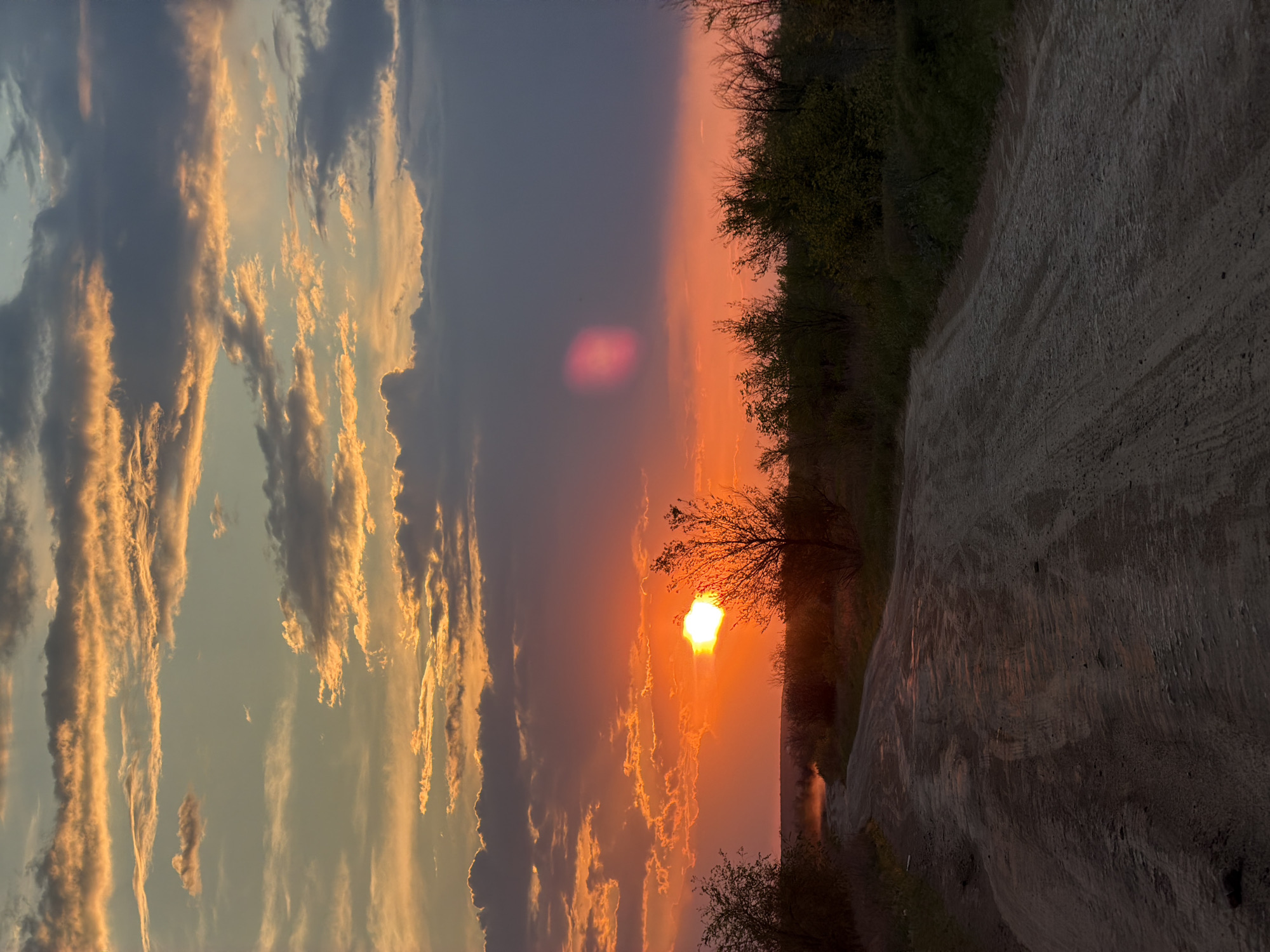 The image depicts a sunset over a landscape, potentially near Kamyshin, Russia. The sun is setting on the horizon, casting a bright orange glow. There are clouds in the sky, with a mix of grey, orange, and white colors. The landscape includes a dirt road on the right side of the image, bordered by vegetation. A few scattered trees and bushes are visible in the foreground, silhouetted against the bright sunset. There are no people visible in the image.