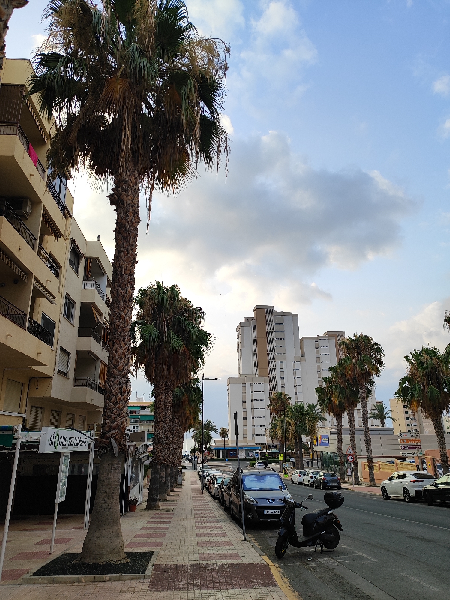 The image captures a street scene in El Campello, Spain, characterized by a row of tall palm trees lining a sidewalk. On the left, a multi-story building with balconies and awnings is visible. The sidewalk is paved with a pattern of red and beige square tiles. A sign for "SI QUE RESTAURANTE" is mounted on a white pole. Beyond the palm trees, a street with parked cars and a scooter is present. In the background, several modern high-rise buildings rise against a cloudy sky. The overall scene depicts a coastal urban environment with distinct architectural styles and vegetation.