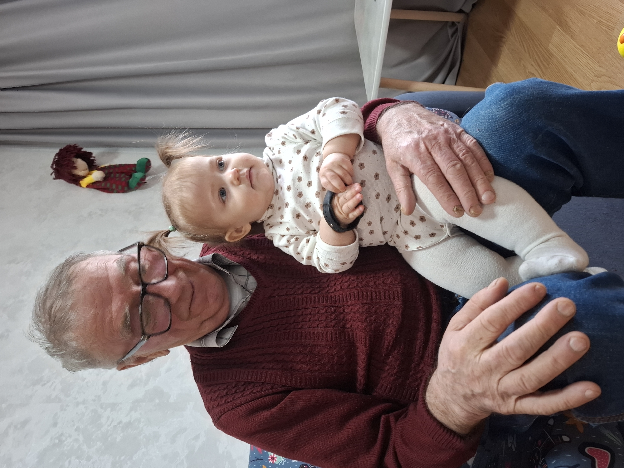 An intimate, eye-level shot captures an older man holding a baby on his lap in what appears to be an indoor domestic setting. The man, likely a grandfather, is seated, wearing clear-rimmed glasses, a grey plaid shirt under a dark red cable-knit sweater, and blue jeans. His hands, marked with age with visible veins and slightly discolored fingernails, gently support the baby.
The baby, with fair hair styled into small pigtails and striking blue eyes, lies contentedly on its back across the man's lap. Dressed in a white long-sleeved onesie adorned with subtle brown floral patterns, white tights, and light-colored socks, the baby is seen clutching a black circular object, possibly a wristband or toy. Their gaze is directed upwards and slightly to the left, towards the viewer, with a calm and curious expression.
In the soft-lit background, a colorful rag doll with red hair and patterned clothing rests on the floor, adding a playful touch. Partially visible are elements of light wooden furniture and a light grey wall or curtain, suggesting a cozy home environment. A patterned fabric cushion peeks out from beneath the man's right leg. The scene depicts a tender moment of intergenerational bonding and care, highlighting the affectionate relationship between the man and the child. No discernible text is visible in the image. This warm family scene takes place in Chaikovsky, Russia.