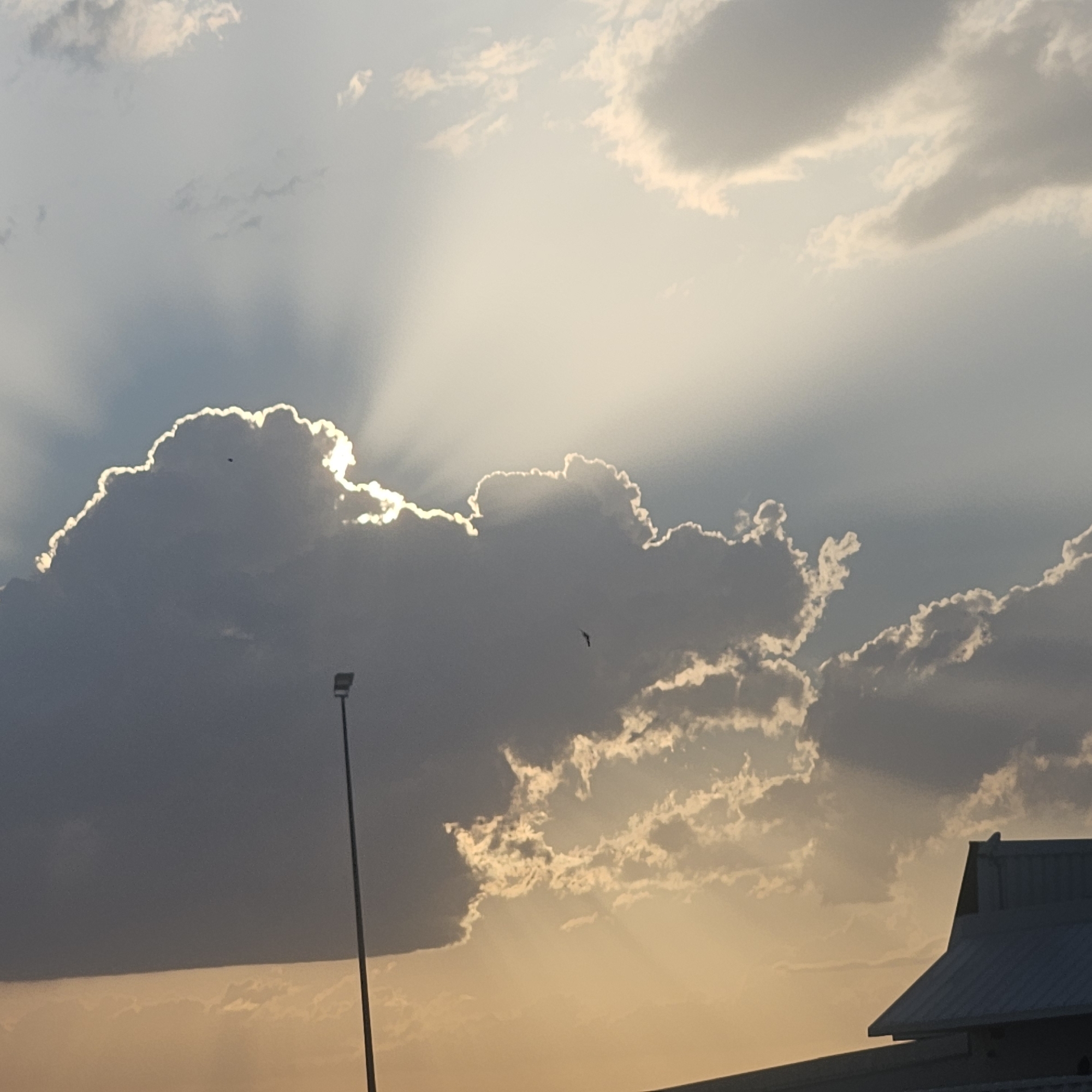 A streetlamp stands tall against a dramatic sky filled with crepuscular rays piercing through dark, imposing clouds. The sun, largely obscured, creates a bright halo effect around the edges of these clouds, illuminating them with a warm, golden light that blends into a soft orange hue near the horizon. Faintly visible, two birds soar in the distance. In the lower right corner, the angular silhouette of a building's roof, likely part of Algora, Spain, is silhouetted against the warm sky.