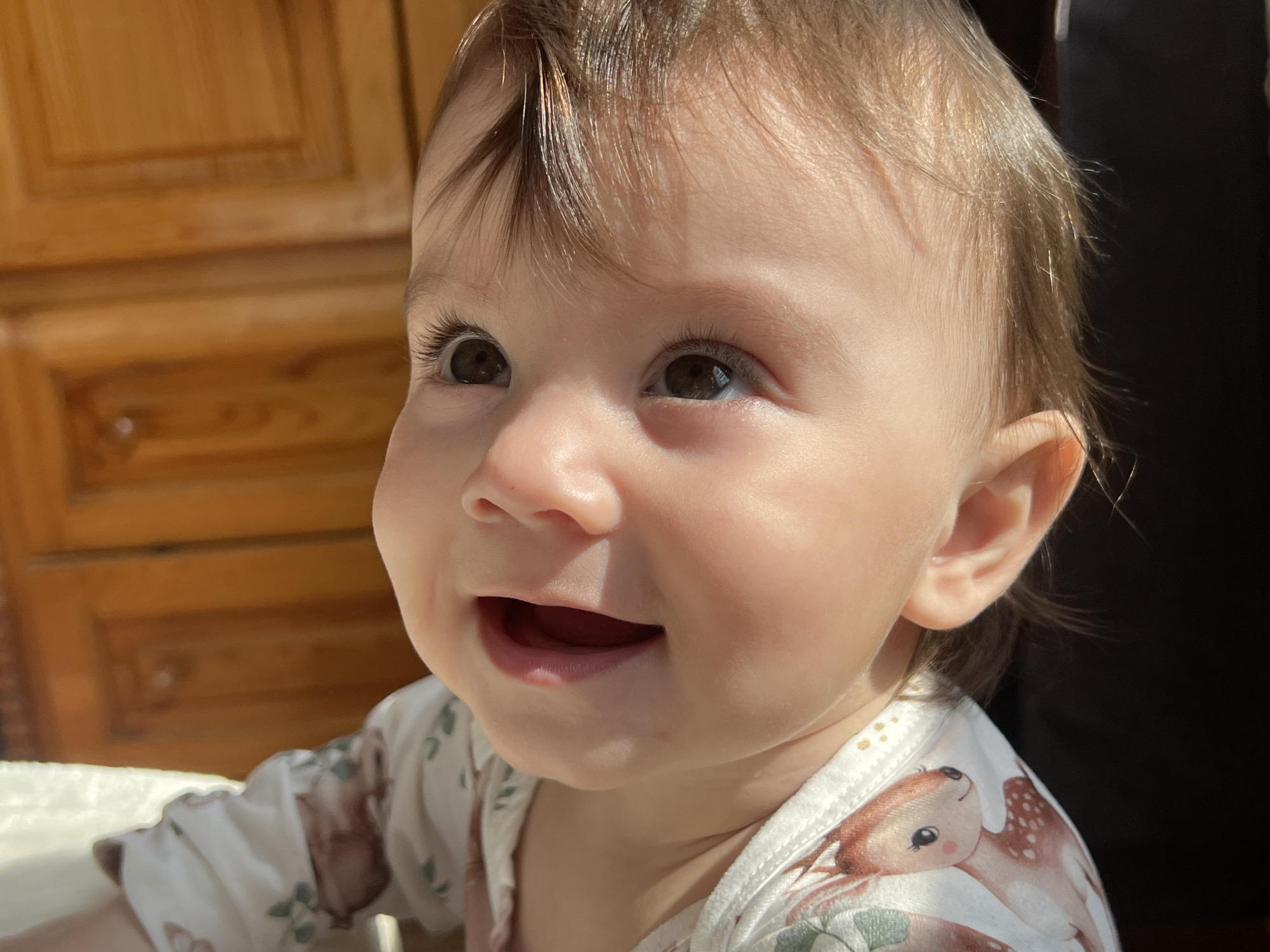 A close-up, chest-up photographic depiction features an infant, estimated to be between 6-18 months of age, positioned indoors. The infant has fair skin, light brown hair, and dark brown eyes, which are directed upwards and slightly to the viewer's right. A smile is evident with an open mouth, revealing no visible teeth. The infant wears a white, long-sleeved garment patterned with light brown deer and green foliage. The background on the left displays a polished wooden cabinet or furniture with paneled details, strongly illuminated. The background on the right is a dark, undefined area. A prominent light source from the upper left casts highlights on the infant's hair and skin. The specific location within the city of Elena, Bulgaria, cannot be determined from the visual information provided.