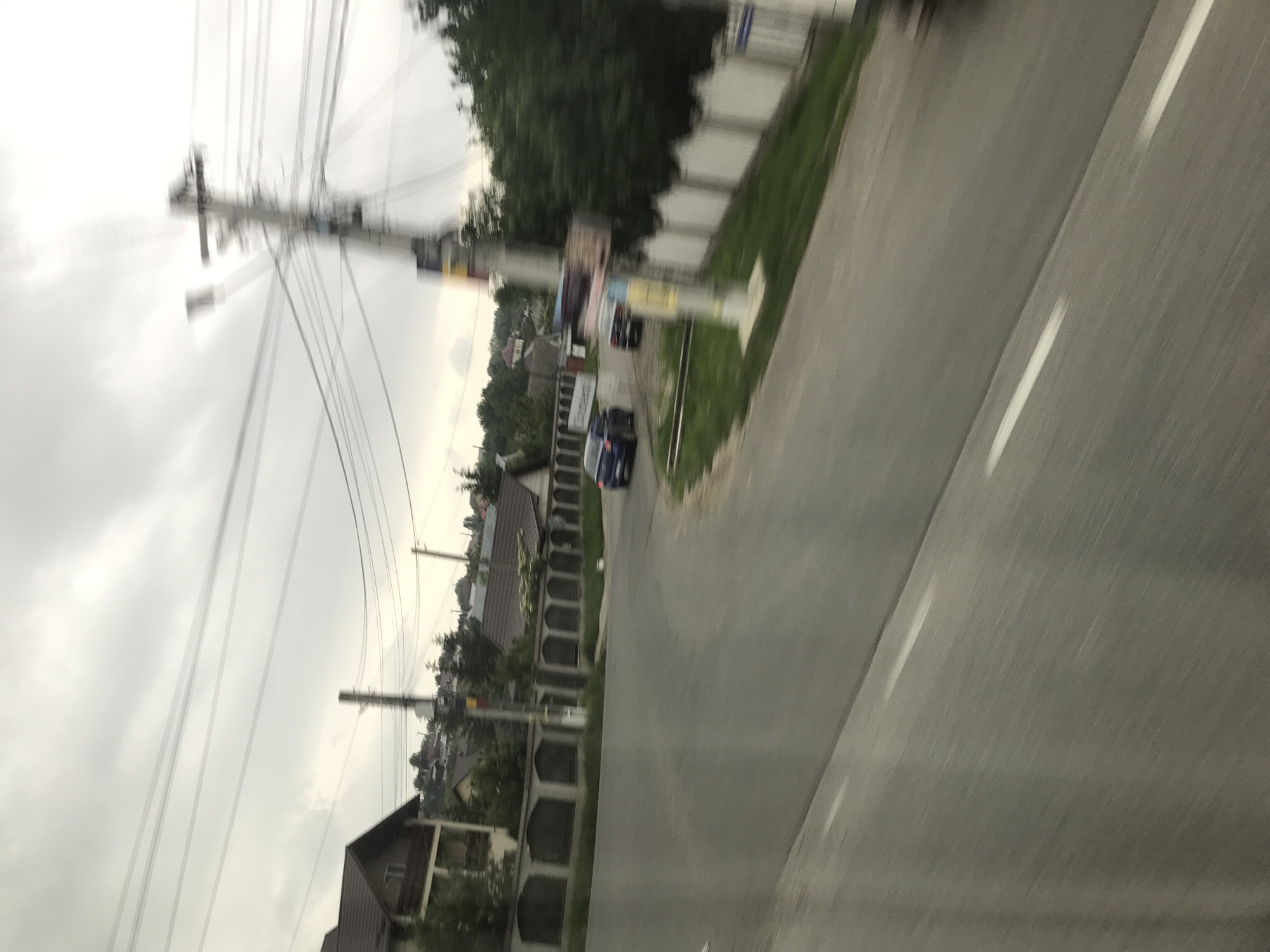 The image depicts an exterior view of a street in Cristești, Romania, captured with substantial motion blur, indicative of being taken from a moving vehicle. The sky is overcast and light grey. In the foreground, a paved road with a white lane marking slopes from the bottom left to the center-right.
On the left side of the road, a multi-story house with a brown pitched roof and a balcony is partially visible behind green trees. Extending from this area, a low, light-colored concrete wall with repeated arched cutouts runs along the road, bordering residential properties. Another house with a brown roof is visible further back, behind this wall.
In the midground, a blue car, likely an SUV or hatchback, is captured in motion, turning left off the main road onto a side path or driveway. Further to the right, a darker colored car is partially visible and blurred. A prominent, heavily blurred utility pole with numerous overhead wires creating a starburst effect stands on the right side of the road, with multiple lines extending across the upper portion of the frame. Another less distinct utility pole is present on the left side.
On the far right, a lighter-colored fence borders the road. Abundant green foliage, including trees and grass, is present throughout the scene, particularly behind structures and alongside the road. In the background, additional houses with brown roofs are visible on distant hills, suggesting a hilly or undulating landscape. No people are discernible in the image.