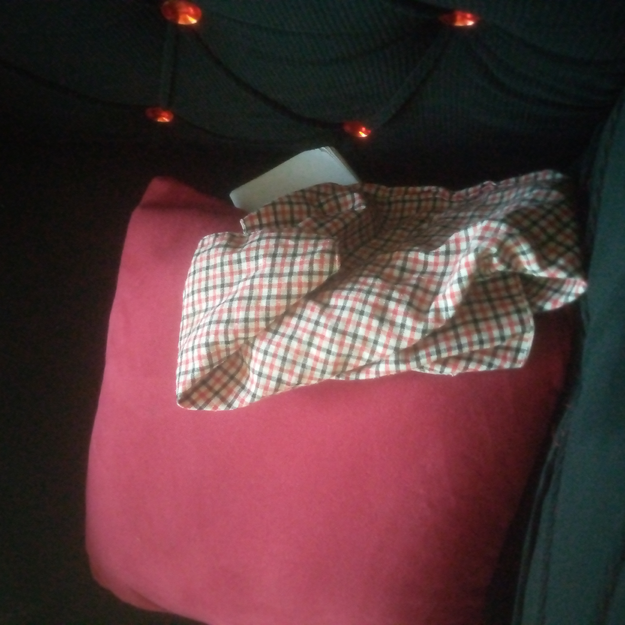 A close-up shot shows a red pillow with a checkered cloth draped over it. The cloth is red, white, and black, with a tartan pattern. The pillow is lying on a dark-colored surface, possibly a couch. In the background, there are dimly lit red lights, suggesting a decorative element or ambiance. The scene appears to be indoors.