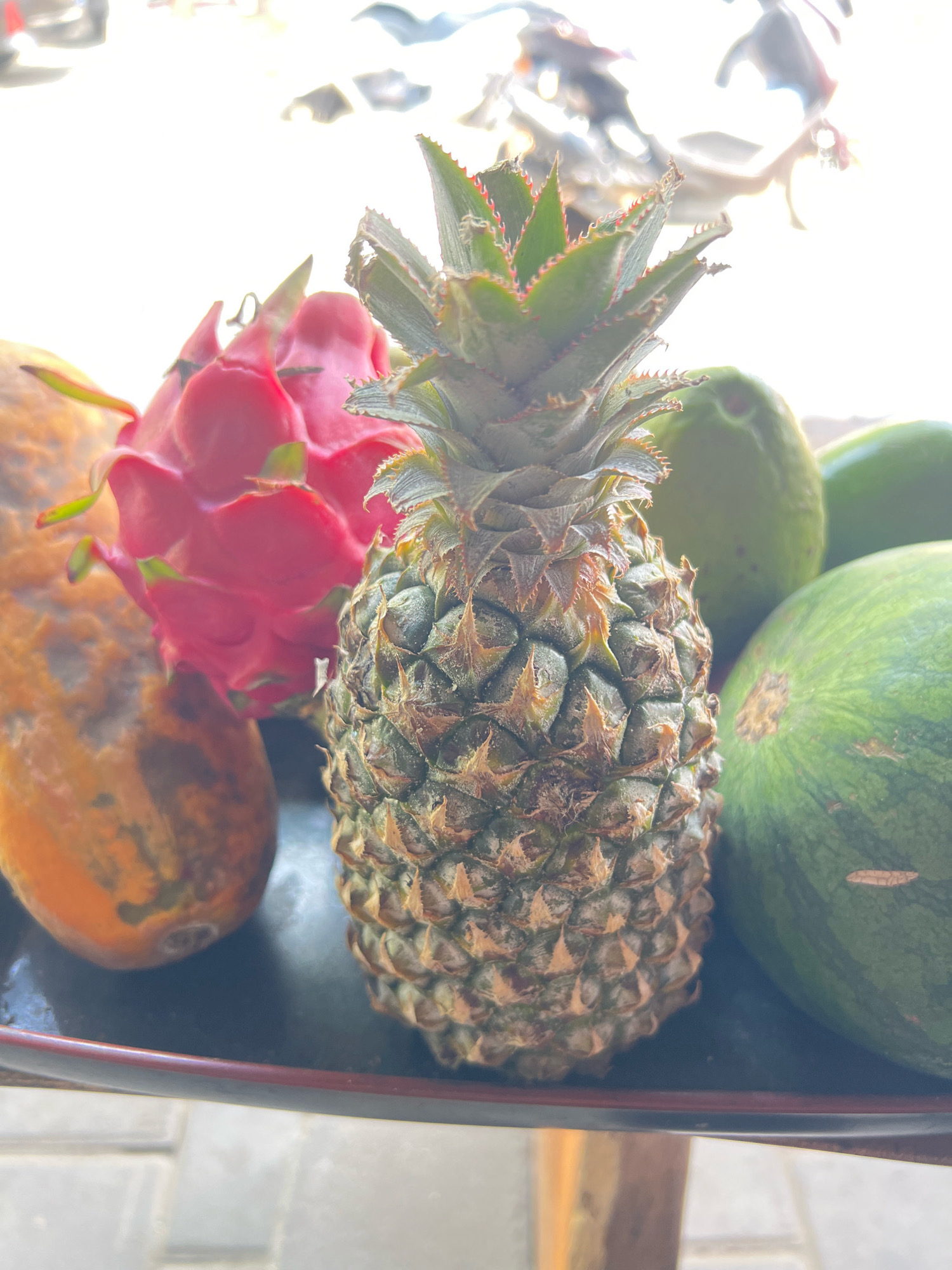 The image displays a close-up view of a collection of tropical fruits, including a pineapple, dragon fruit, papaya, and what appear to be two watermelons or similar green-skinned fruits. The fruits are arranged on a dark platter or tray, which is placed on a surface that suggests an outdoor setting, possibly a tiled patio. In the background, the scene is bright and somewhat out of focus, with hints of movement or shapes that could be vehicles or people, indicative of an urban environment. The lighting suggests it is daytime, possibly late morning or early afternoon, with bright sunlight casting a glow. The image is likely captured in Kuta, Indonesia, a location known for its tropical climate and abundant fresh fruit. There are no individuals clearly visible or engaged in any activity within the frame.