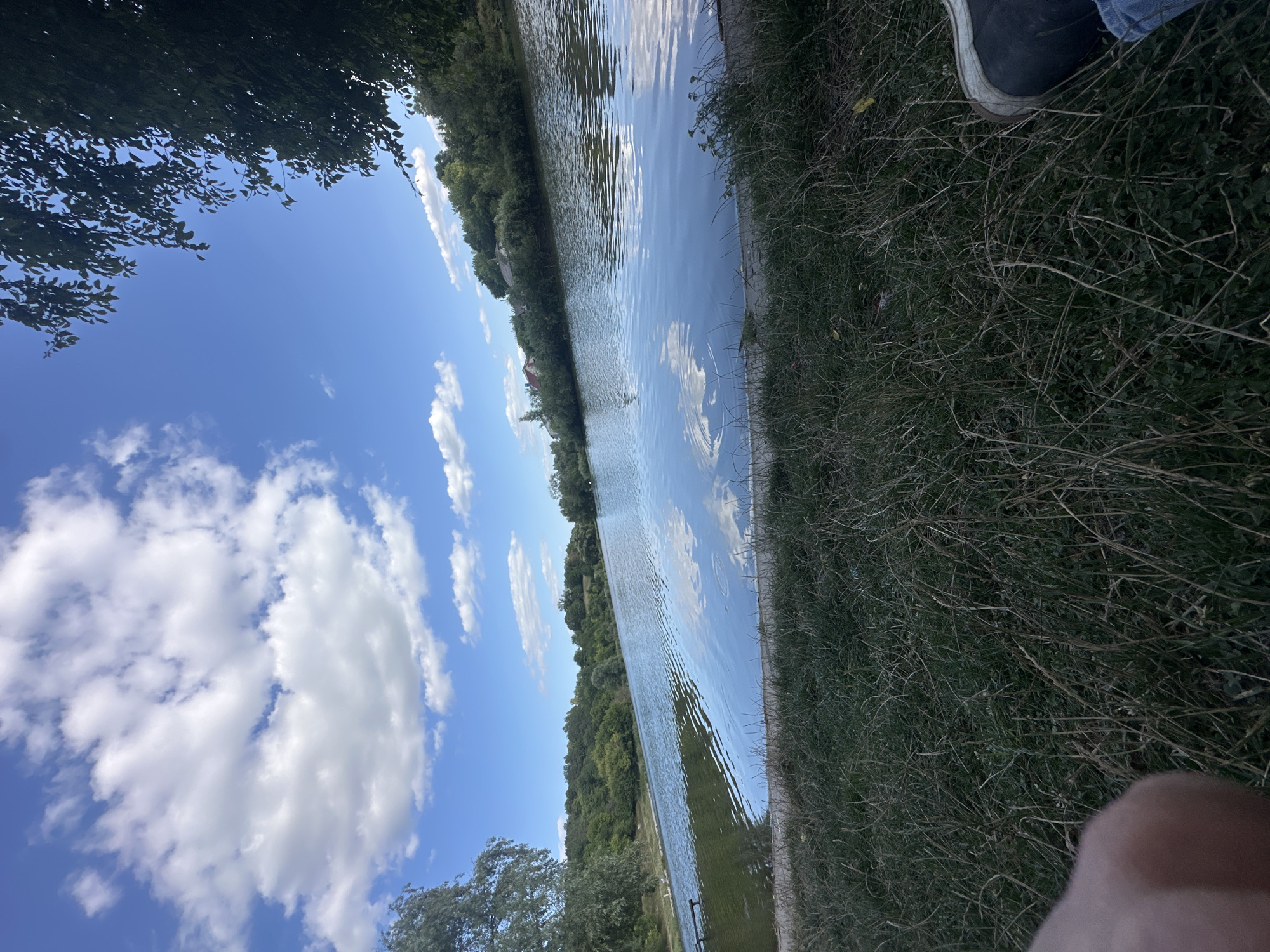 This image depicts a scenic view of a lake bordered by lush green trees and vegetation. The sky is a vibrant blue, adorned with fluffy white clouds that are reflected in the calm water. The foreground is dominated by a grassy area with a few dry stalks of grass. In the bottom right corner, a person's foot wearing a dark shoe and blue jeans is visible, suggesting they are sitting or standing on the grass. A portion of another person's hand is also visible in the bottom left corner. The location is identified as Makiv, Ukraine, suggesting a peaceful, natural setting within or near the city. The overall atmosphere is serene and idyllic, capturing a moment of relaxation by the water.