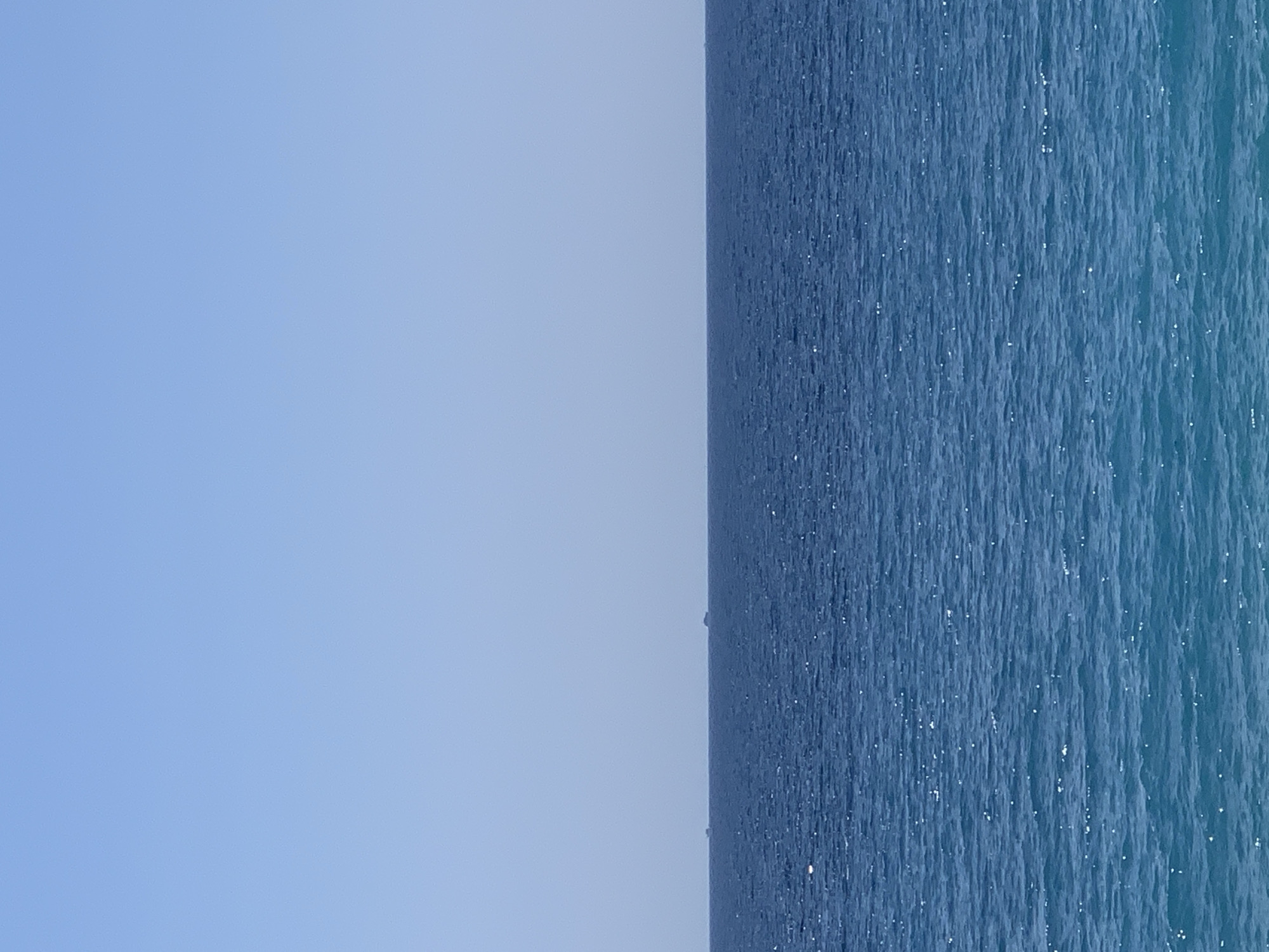 The image shows a wide expanse of the Mediterranean Sea under a clear blue sky. The horizon line is distinctly visible, separating the deep blue of the water from the lighter blue of the sky. There are two small, dark shapes on the horizon, likely distant ships or buoys. The water exhibits subtle ripples and is illuminated by sunlight, creating small glints on its surface. The foreground of the water is a lighter, more turquoise shade, suggesting shallower water or a difference in light reflection. The overall impression is one of a tranquil sea on a sunny day. This scene could be viewed from any coastal point in Nice, France, overlooking the Mediterranean Sea.