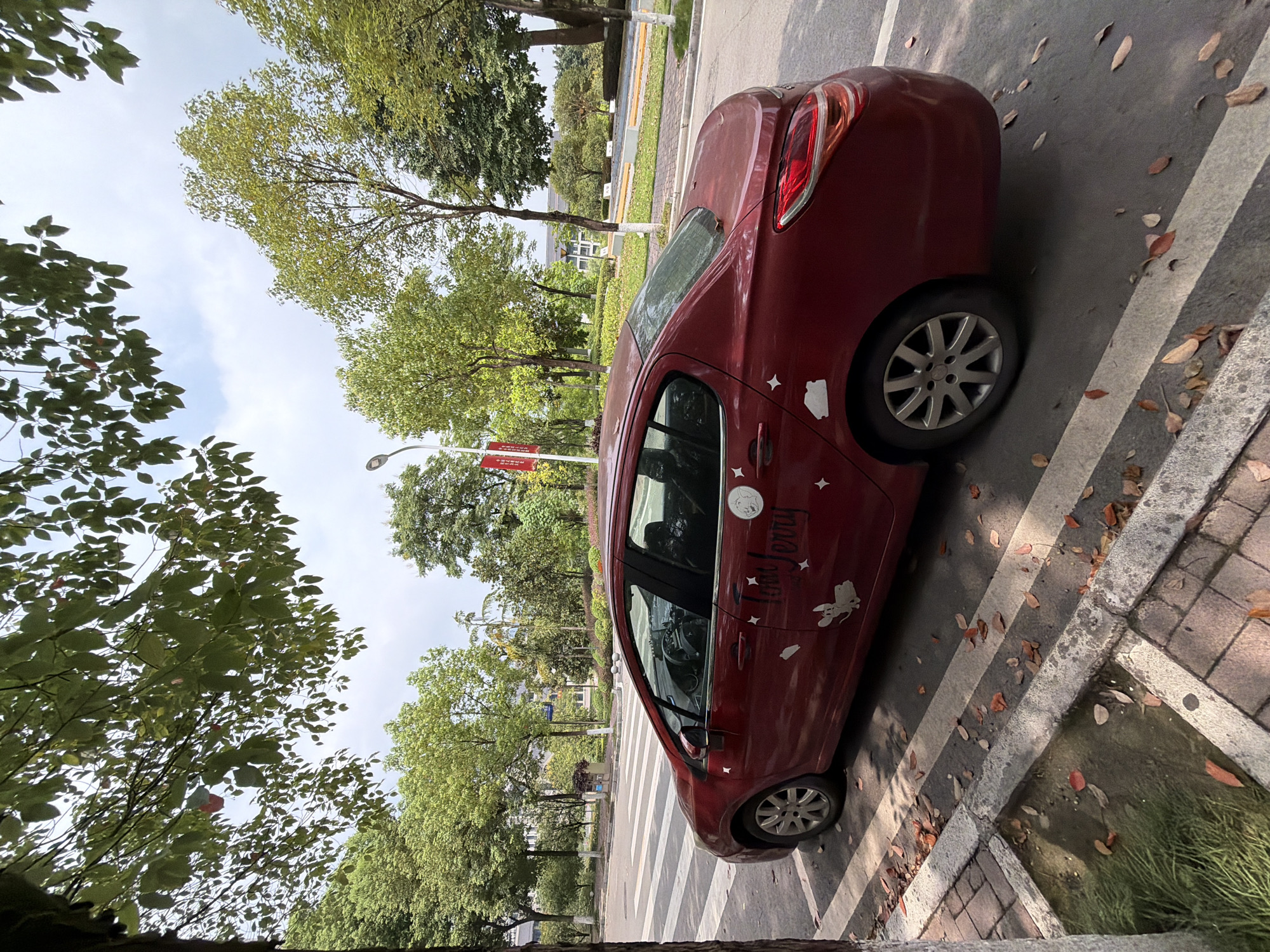 A red sedan is parked on the side of a street, partially on a pedestrian crossing. The car has decals of characters from Tom and Jerry on its doors. Fallen leaves are scattered on the road and sidewalk. The environment appears to be an urban setting, with trees lining the street and a lamppost visible in the distance. The sky is overcast. The image was taken in the city of Jiangjin, China.