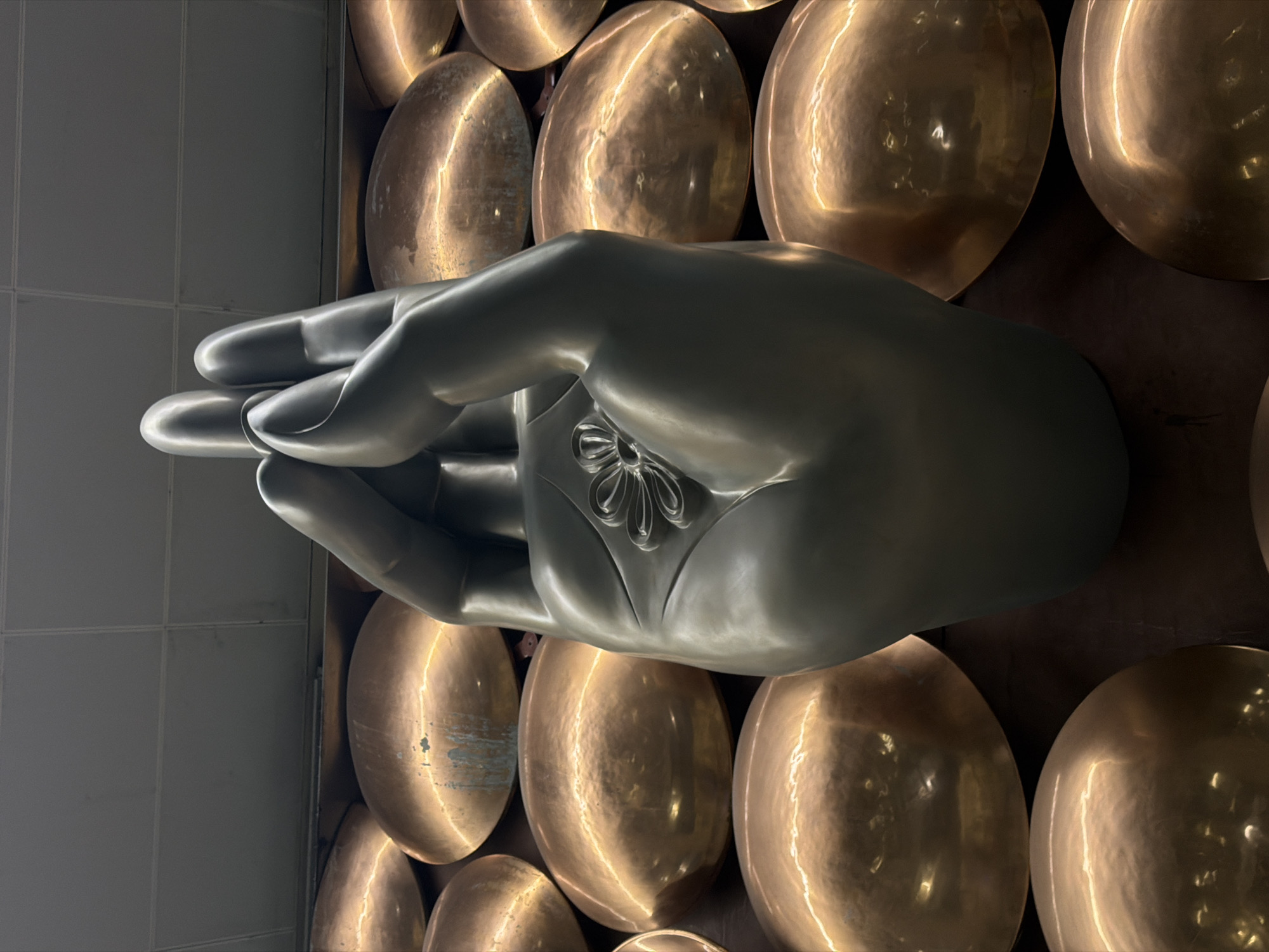 This is a close-up, low-angle, vertical photograph of a large, grey, metallic sculpture of a hand in what appears to be an indoor setting. The hand is in an upright position, with the index finger and middle finger touching at their tips, forming a gesture that could be interpreted as a mudra. The thumb is bent, and the ring finger and pinky finger are held together. In the center of the palm of the sculpture, there is a raised, intricate floral design.
The background consists of a repeating pattern of large, hemispherical objects with a polished, coppery or brassy finish. These objects are arranged in rows and columns, creating a textured and reflective surface behind the hand sculpture. The lighting in the scene is dramatic, with highlights strongly emphasizing the curves of both the hand and the hemispherical elements. The ceiling above is visible, appearing to be a grid of rectangular panels.
This sculpture is located in the Terminal 3 of Indira Gandhi International Airport in Delhi, India. It is part of the airport's art installations.