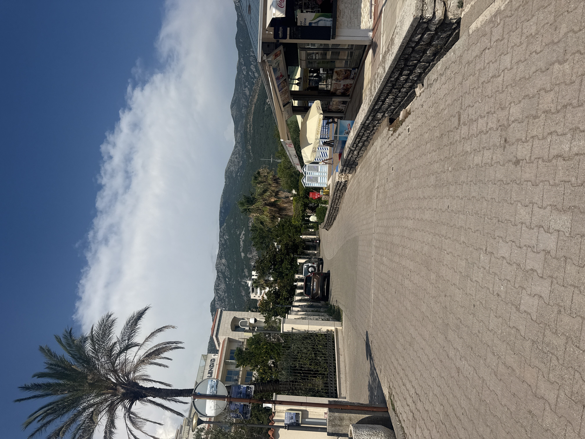 The image captures a street scene in Boreti, Montenegro, under a bright blue sky with scattered white clouds. A paved road curves to the right, lined by buildings and lush greenery. A tall palm tree stands prominently in the foreground on the left, its fronds reaching towards the sky.
To the right of the road, a building with shops and awnings appears to be a commercial establishment, with display windows showcasing goods. Beach umbrellas and seating are set up outside some of these establishments, suggesting a coastal or resort area. Further down the road, a dark-colored SUV is parked.
In the background, a majestic mountain range covered in dense green vegetation rises against the sky. The architecture of the buildings suggests a Mediterranean influence. The sunlight indicates it is daytime, likely late morning or afternoon, casting shadows on the paved ground. The overall scene evokes a peaceful, sunny day in a scenic location.
Visible text includes "LENDID" on a building and logos on shop awnings, including "Coca-Cola" and "Lavazza". There are also some signs with text that is too small to decipher.