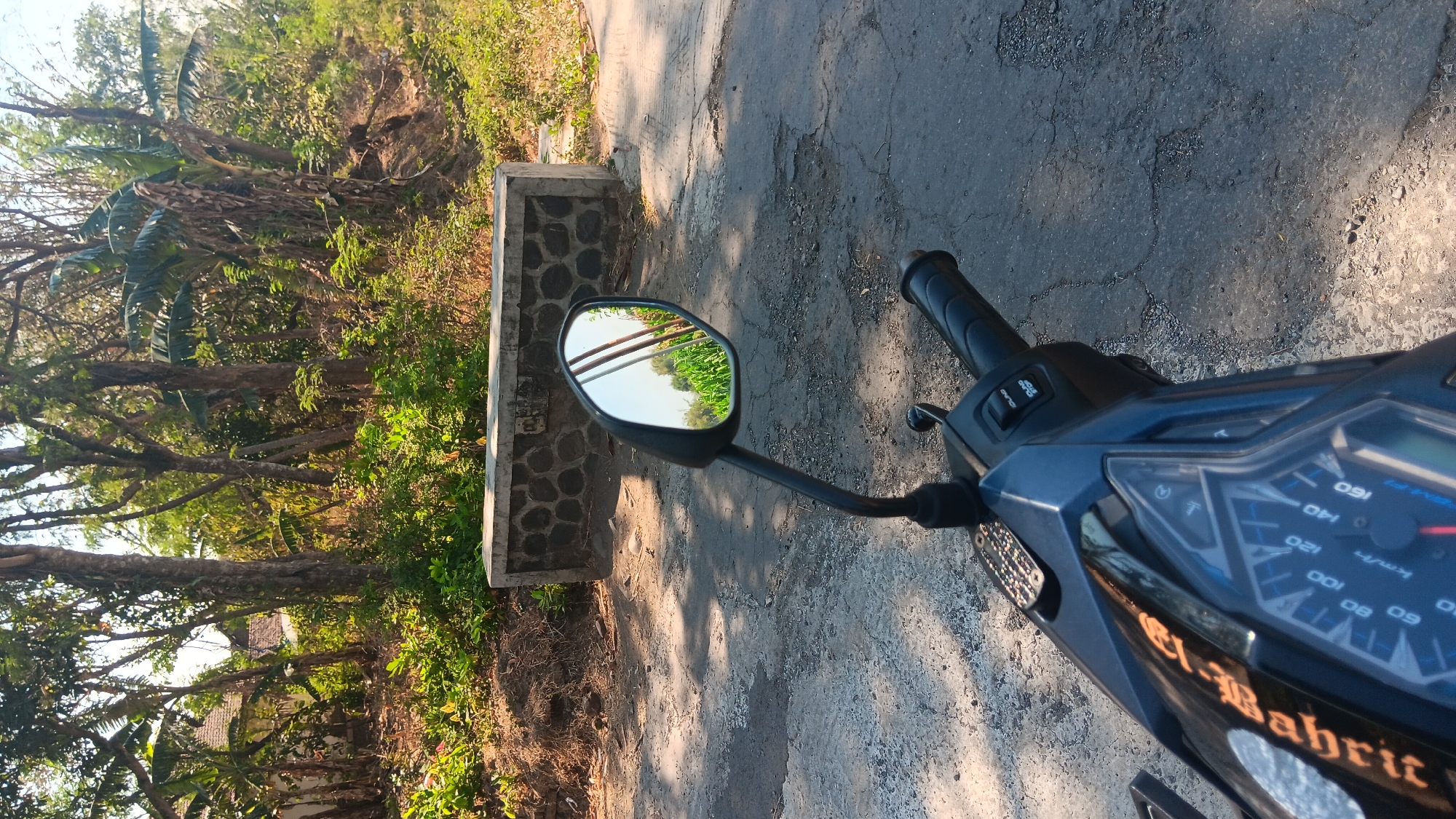 A first-person perspective of a motorcycle handlebar, with a side mirror reflecting a rural scene of trees, foliage, and a concrete barrier. The motorcycle's dashboard is visible, showing a speedometer with markings up to 160 km/h. The road surface is asphalt with visible cracks and patches. In the background, a dense collection of trees and vegetation lines a slight incline. A low, stone-faced concrete barrier runs horizontally across the middle ground. The overall lighting suggests a sunny day.