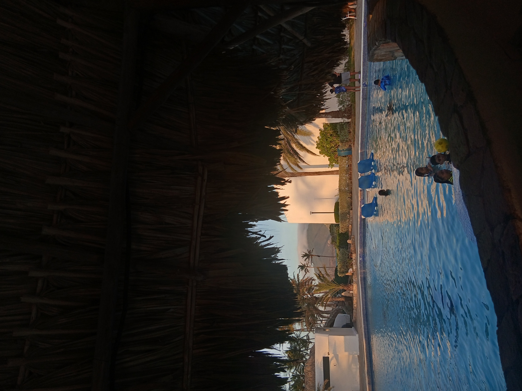 The image depicts a swimming pool area, likely part of a resort or hotel, located in Altagracia, Venezuela, viewed from underneath a large, dark, thatched-roof structure. The roof, composed of dried palm fronds or similar material, dominates the upper portion of the frame, providing shade. In the midground, a blue-tiled swimming pool occupies the central and lower left areas.
Approximately five to six individuals, primarily children, are present in the pool. Three children are clustered in the foreground of the pool, with one holding a yellow ball. Another child, wearing a blue swimsuit, stands in the shallower section of the pool further back. On the paved area immediately adjacent to the pool, an adult male in a dark t-shirt and shorts stands next to a child in a patterned swimsuit. Two blue lounge chairs are visible by the far edge of the pool.
In the background, white-painted buildings with a minimalist design are visible on the left and right. Numerous palm trees and dense green shrubbery are interspersed throughout the scene, indicating a tropical environment. In the far distance, large mountains are partially obscured by low-lying clouds or mist, with the sky above them exhibiting a clear, light blue hue. The lighting suggests late afternoon or early morning, with the sun casting a warm glow on the distant structures and mountains, while the foreground under the thatch is in shadow.