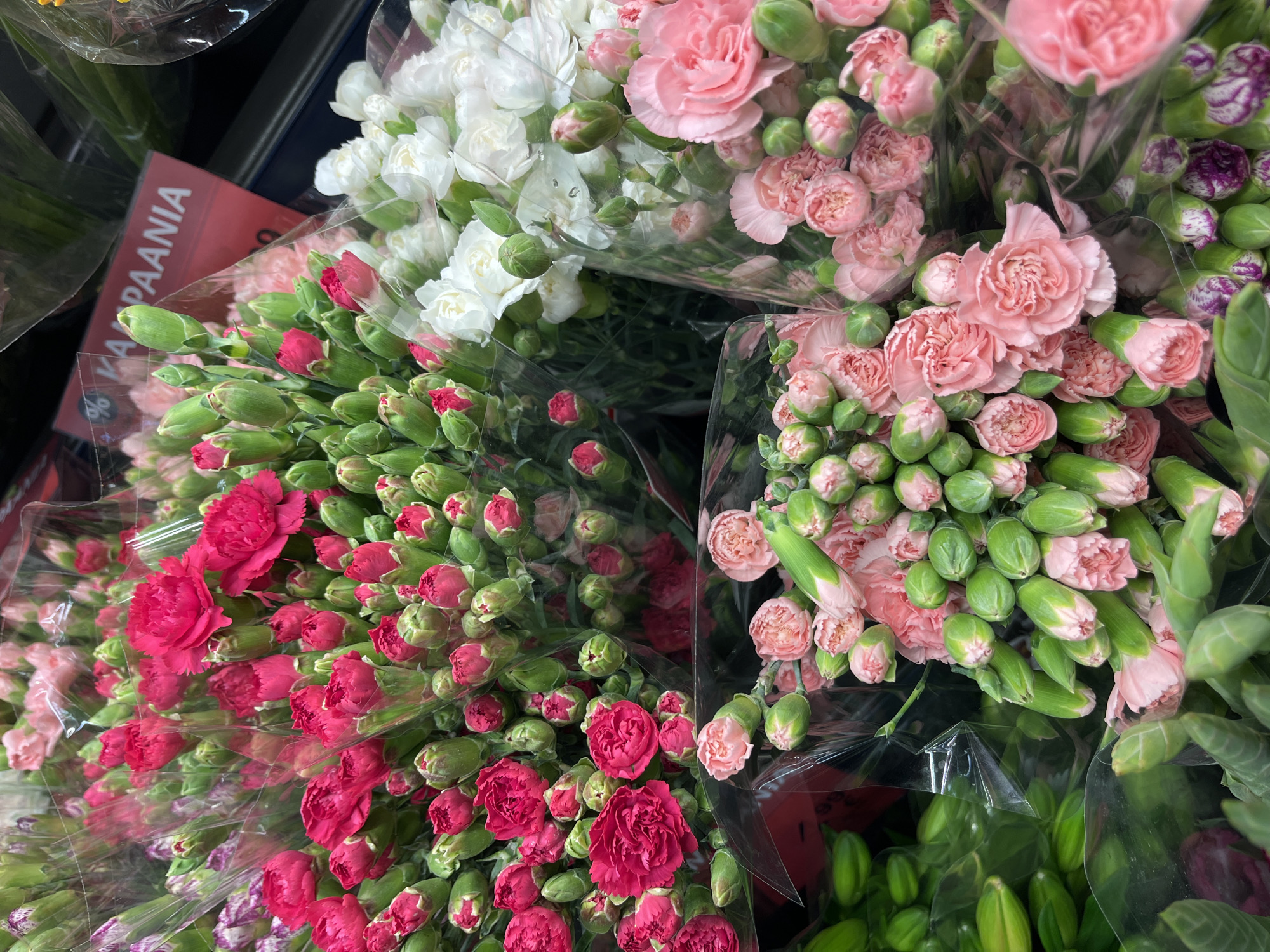The image displays a close-up view of several bouquets of carnations, predominantly in shades of pink and white, along with some unopened buds. The flowers are wrapped in clear plastic packaging. In the background, a red sign with white lettering is partially visible, reading "KAMPANIAA" with a "%" symbol. The overall setting appears to be a retail environment, likely a flower shop or a section of a supermarket. The lighting is consistent with indoor retail lighting. No people are visible in the frame. The image is taken from a slightly elevated angle, looking down onto the floral arrangements. The specific location of Kohtla-Järve linn, Estonia, cannot be determined from the visual information provided in the image itself.