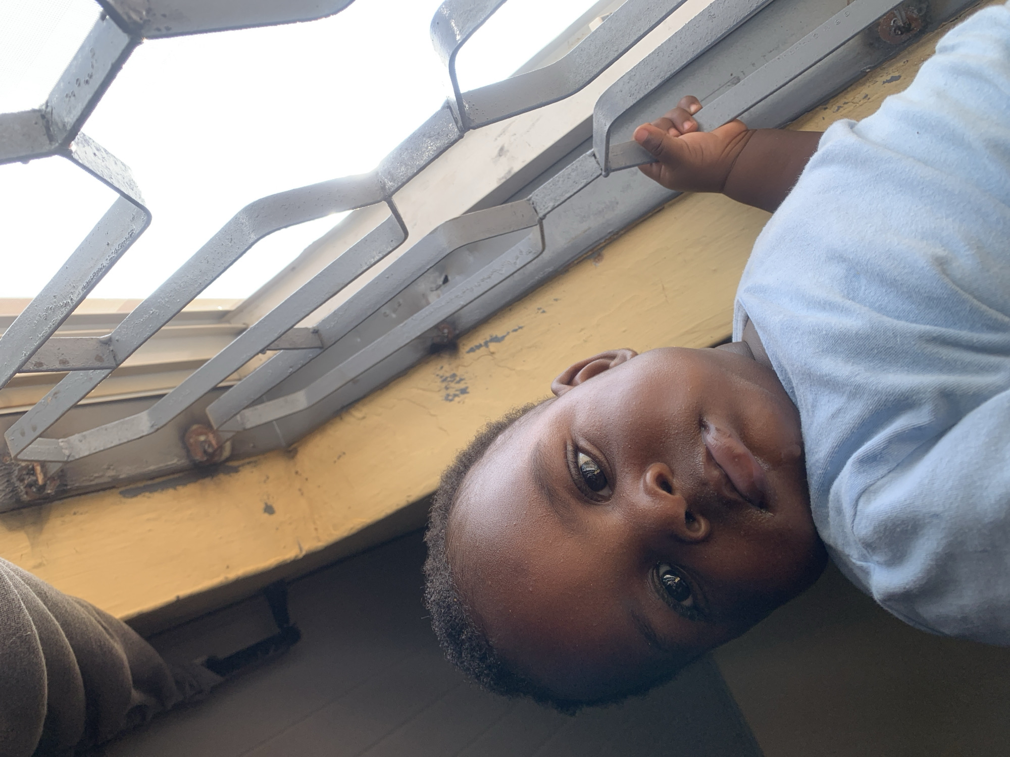 A baby is in a close-up shot, looking at the camera. The baby is wearing a light blue t-shirt and has dark curly hair. The baby's left hand is holding onto a metal grate that is part of a window. The background is out of focus and appears to be a yellow wall and a window. The lighting suggests it is daytime.