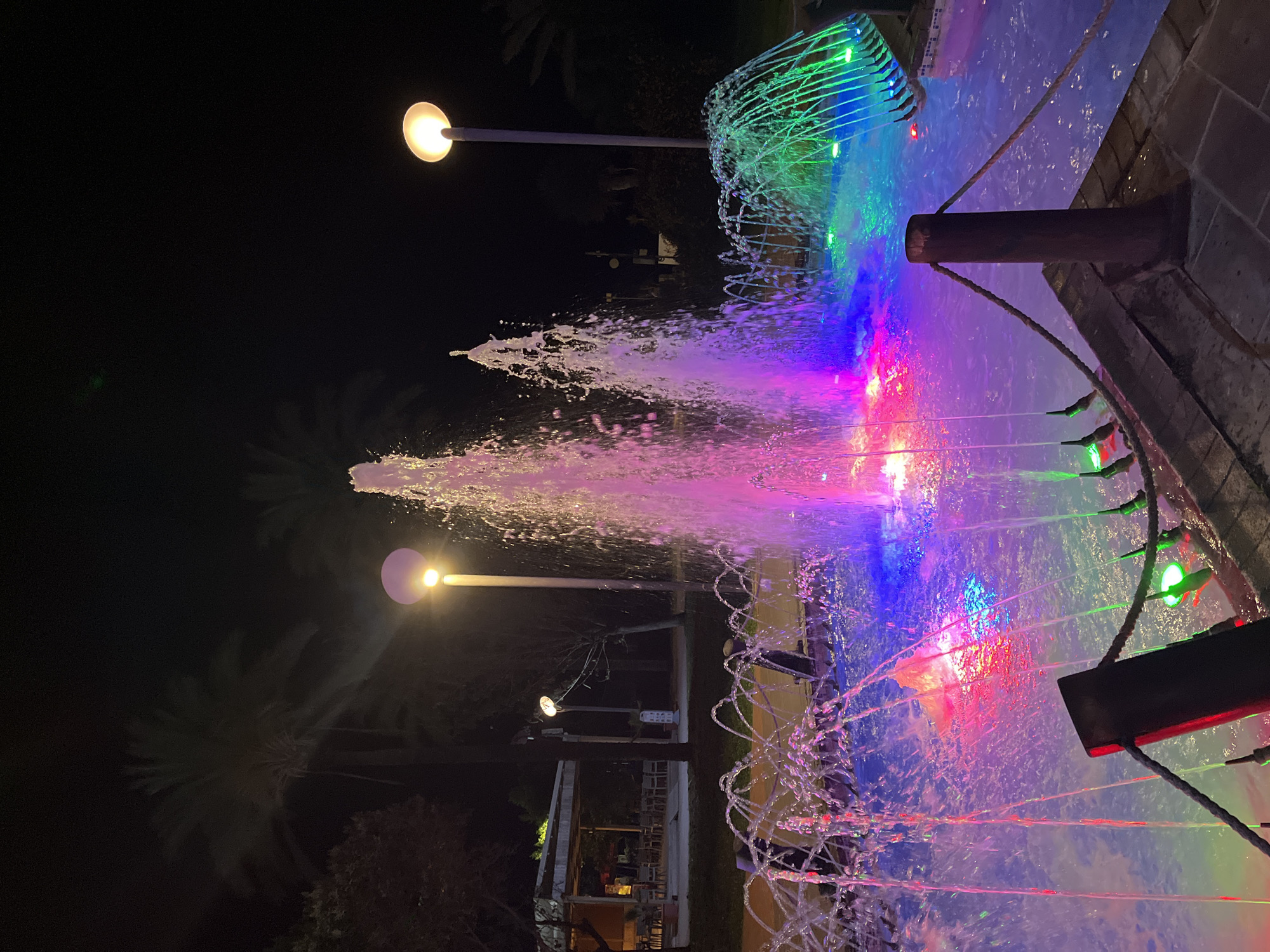The image, taken at night in Alanya, Turkey, depicts a vibrant water fountain display. The fountain features multiple jets of water spraying upwards and outwards, illuminated by a dynamic array of colored lights. Hues of blue, purple, pink, and green are prominently cast upon the water, creating a dazzling visual effect. In the foreground, water streams from various nozzles, with some appearing to create an arch or cage-like pattern.
Two street lamps with warm, yellow-orange glows are visible in the dark background, casting pools of light onto the surrounding area. Silhouetted palm trees and other dark foliage are discernible against the night sky, indicating an outdoor setting. Further back, a dimly lit structure, possibly an outdoor cafe or seating area, with tables and chairs, can be faintly seen. The fountain itself appears to be set within a dark-colored, possibly stone or tiled, basin, with ropes stretched across parts of its perimeter. No text is visible in the image. The scene conveys a lively and enchanting atmosphere, typical of an evening promenade or park setting.