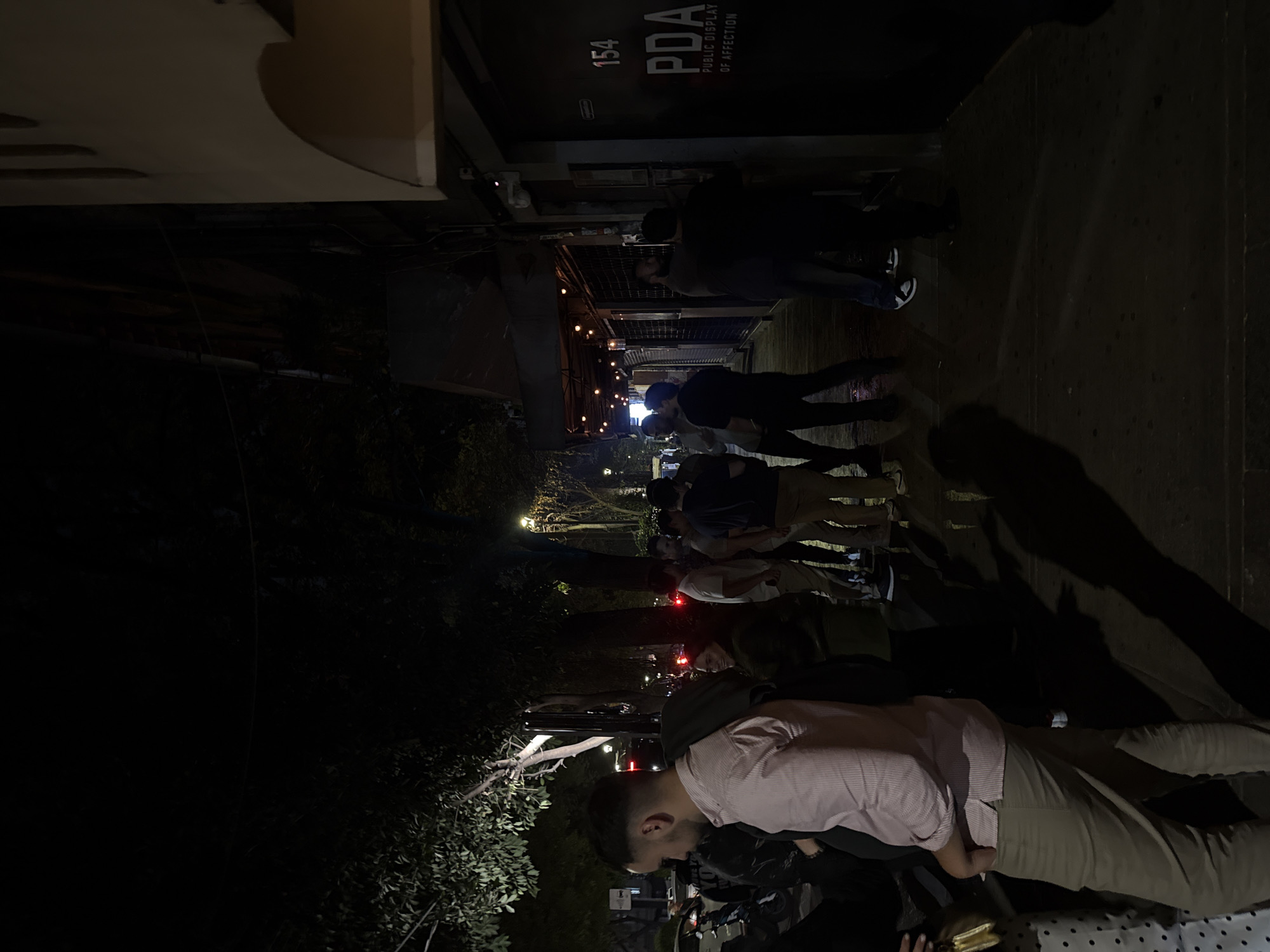 The image shows a nighttime view of a street in Mexico City, Mexico, featuring a line of people outside of a building at 154. The building is labeled "PDA: Public Display of Affection." People are standing on the sidewalk. The street is lined with trees and streetlights, creating a dimly lit environment.
