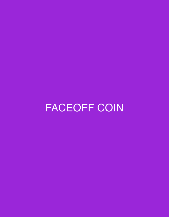 The image displays a solid purple background. Centered horizontally and vertically on this background is white text that reads "FACEOFF COIN" in uppercase sans-serif letters. There are no other subjects, objects, people, actions, or environmental details present. The image does not depict a physical scene or provide any information about a specific location in Vellmar, Germany, or any other geographical area.