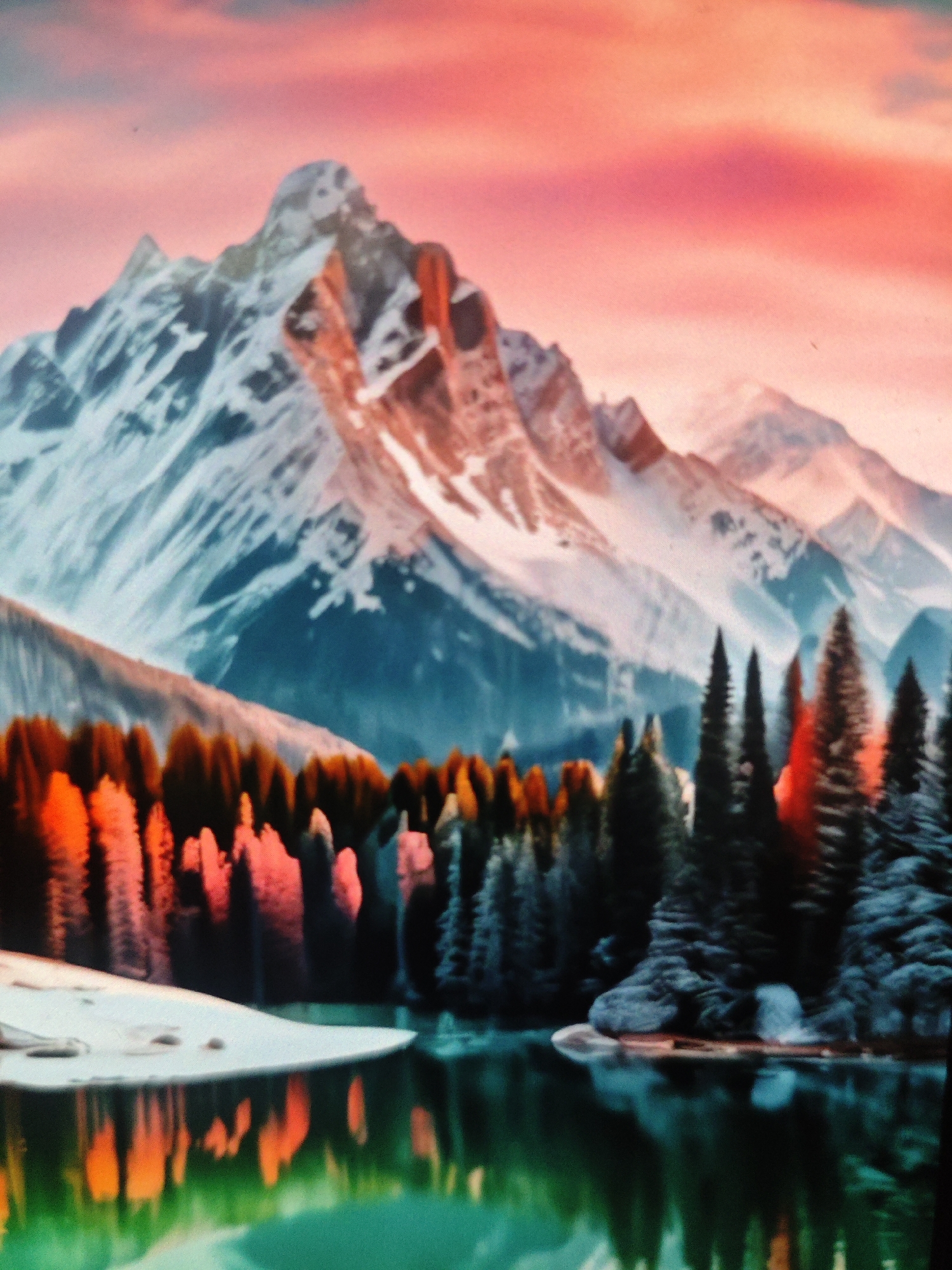 This is a digitally rendered, abstract landscape painting. It depicts snow-capped mountains in the background, illuminated by a vibrant pink and orange sky. In the middle ground, a dense forest of evergreen trees, rendered in dark green and black with touches of red, lines the shore of a body of water. The foreground features the reflective surface of the water, mirroring the colors of the sky and the trees. There are no people, animals, or man-made structures visible in the image. The style is painterly and impressionistic, with a focus on color and light rather than sharp detail. The image does not depict any recognizable location in the city of Armavir, Russia.