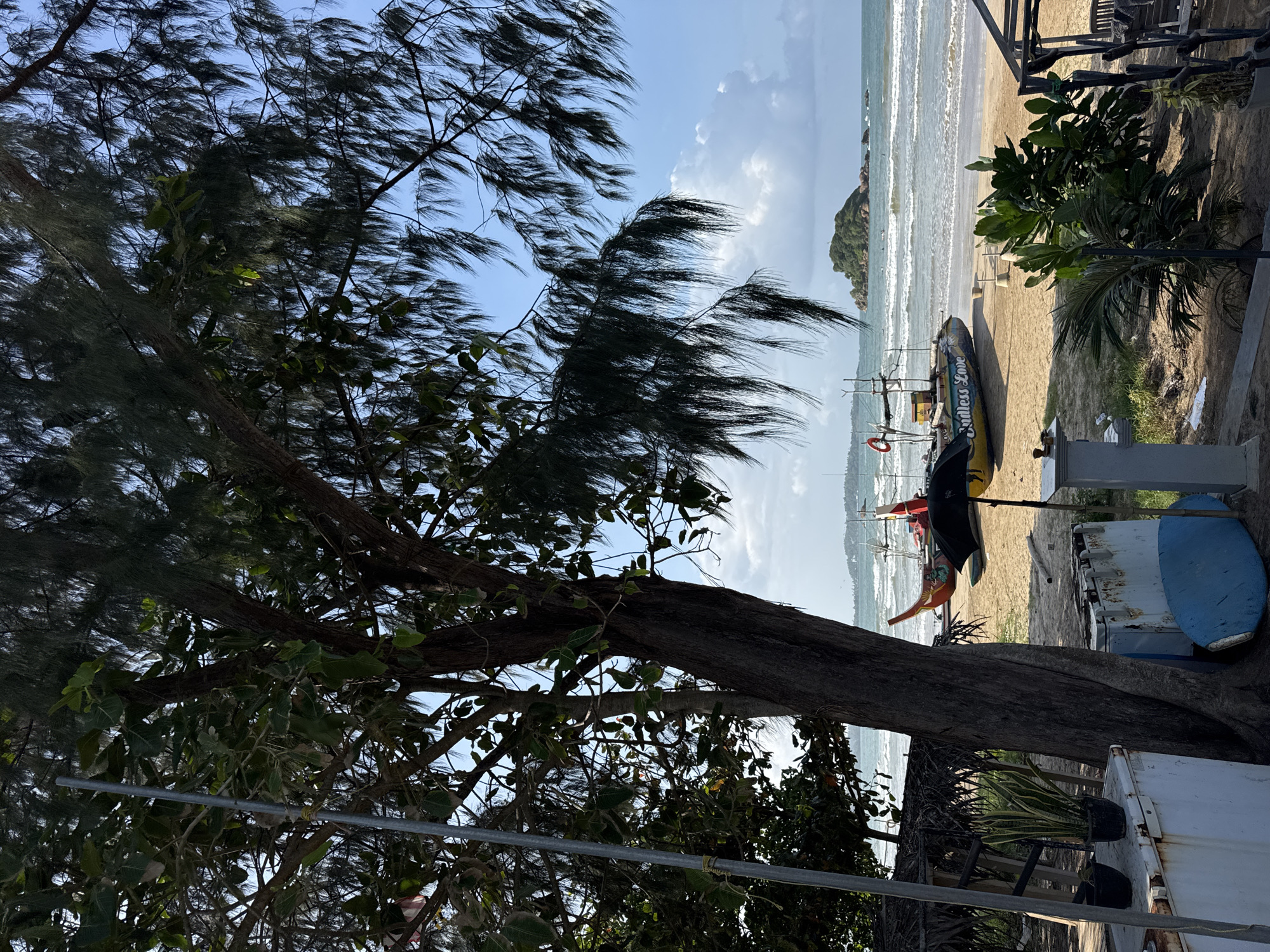 This image depicts a scenic beach in Weligama, Sri Lanka, under a bright, partly cloudy sky. In the foreground, a large tree with sparse, needle-like leaves partially obstructs the view of the beach and ocean. To the left, a metallic pole stands vertically. Scattered on the sandy beach are various objects including two weathered refrigerators, a blue surfboard, a black umbrella, and a small shack with a thatched roof.
Dominating the mid-ground are two colorful fishing boats beached on the sand. The boat closer to the viewer has the words "ENDLESS LOVE" painted on its side. The ocean, with moderate waves, stretches towards a small, verdant island visible in the distance. A few people are present in the water, appearing as small figures. The overall atmosphere suggests a tranquil tropical environment.