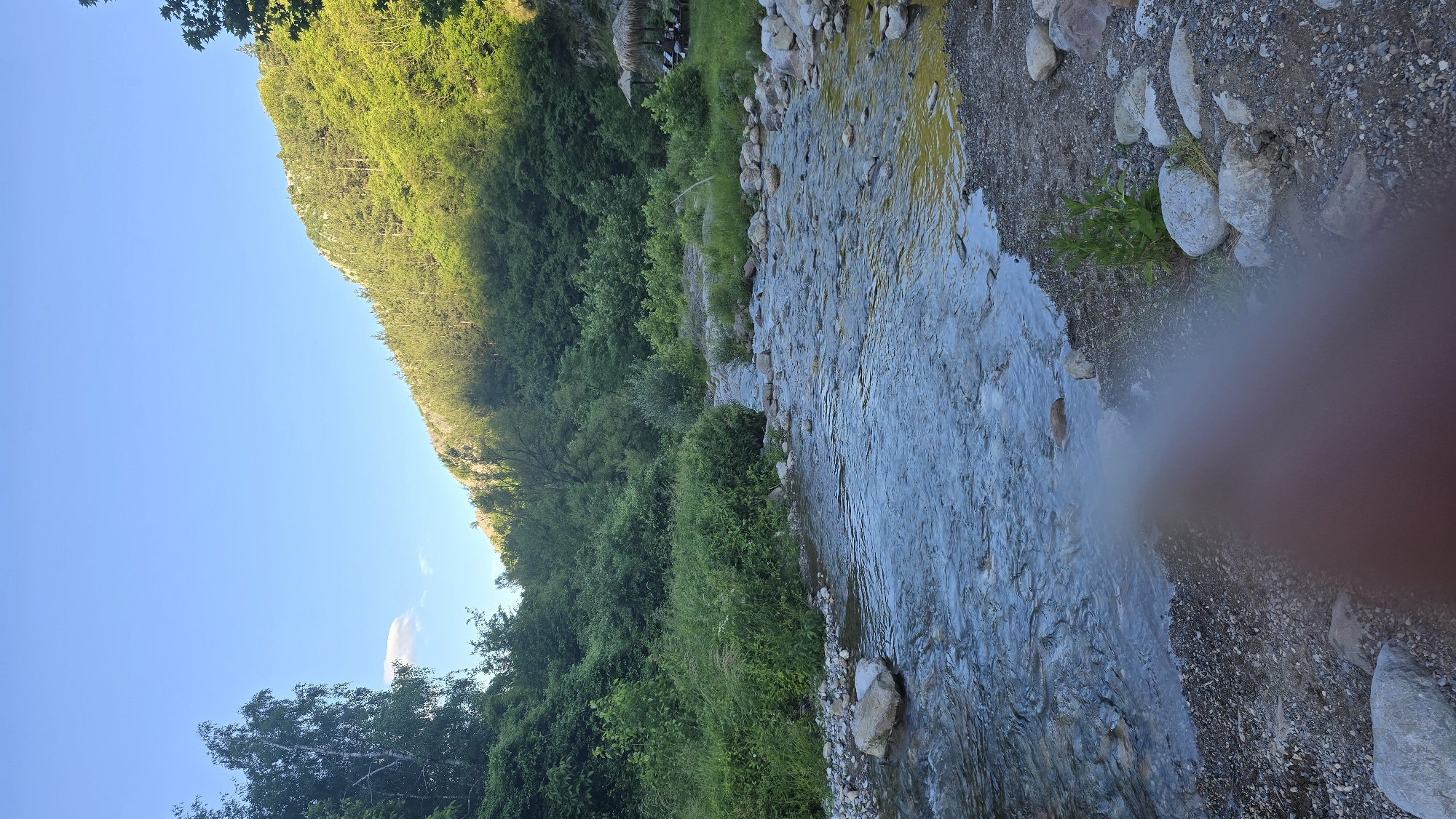 The image depicts a scenic view of a river flowing through a lush, green natural environment. The river, with its clear, rippling water, is the central focus, bordered by a stony bank. On the left side of the river, dense green vegetation and trees create a vibrant backdrop. In the distance, a forested hillside rises, partially illuminated by sunlight. The sky above is a clear blue, with a few wispy clouds. In the far right background, a thatched umbrella and lounge chairs suggest a recreational area, possibly part of a resort or picnic spot. The foreground shows a rocky and pebbly shoreline, with a blurry area in the bottom right possibly indicating a hand or lens obstruction. The overall impression is of a tranquil, natural setting in Zgorigrad, Bulgaria.