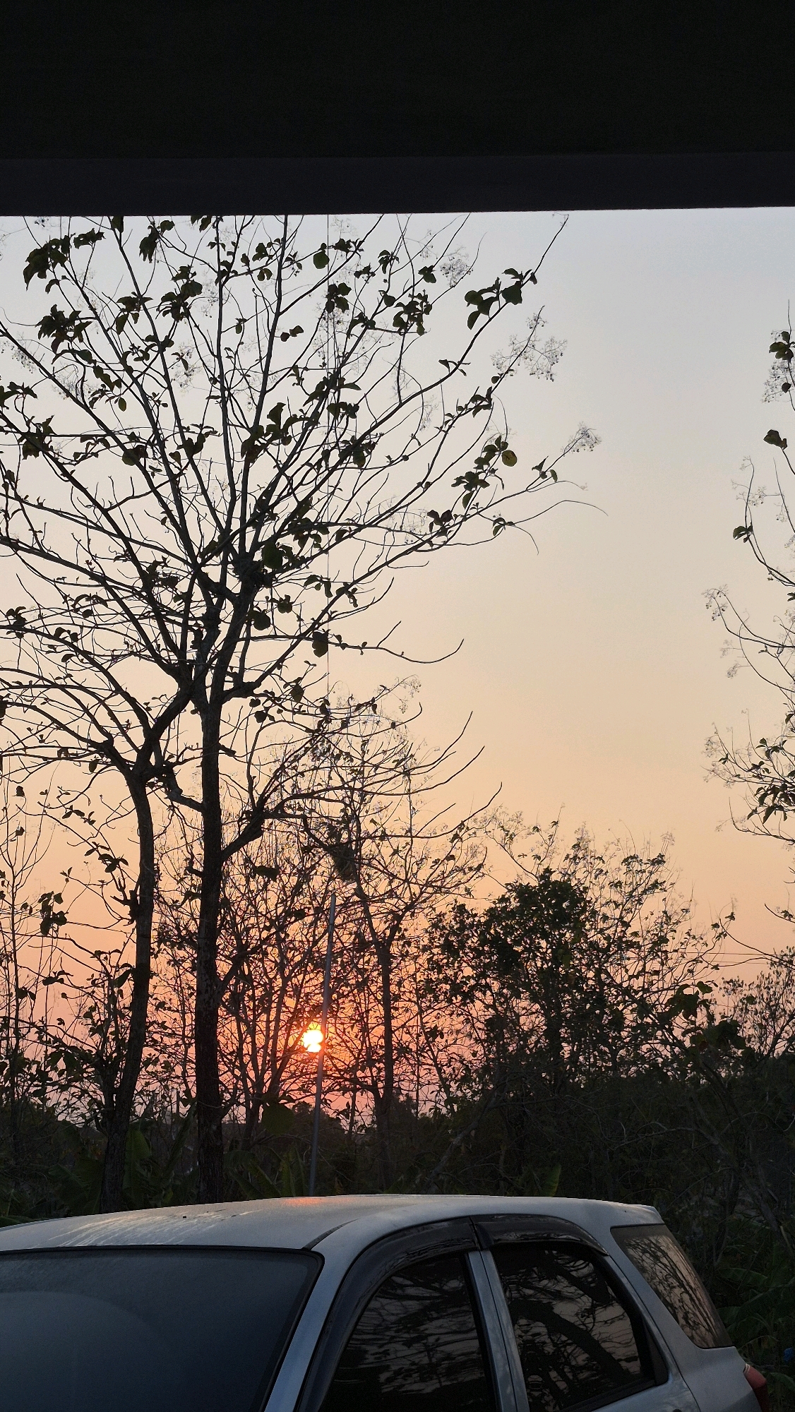 The image captures a sunset scene in Gambiranom, Indonesia. The sky is a gradient of soft orange and pale blue. Silhouetted against the sky are the bare branches of trees, some with sparse leaves, and a dense cluster of darker foliage in the background. A small, bright orange circle, representing the setting sun, is visible peeking through the branches in the middle ground. In the foreground, the roof and part of the rear of a silver car are visible, angled from the right side of the frame. The car's windows reflect the silhouettes of the trees.