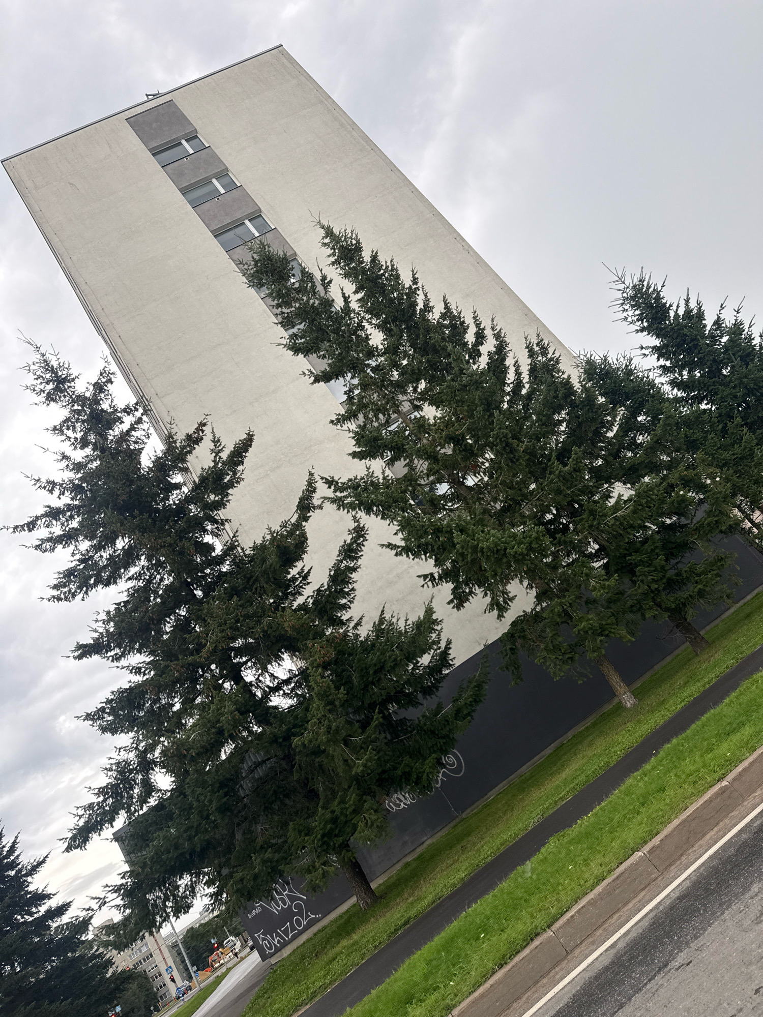 The image depicts a tall, light-colored apartment building in Tallinn, Estonia, seen from a low angle. The building has a diagonal orientation within the frame. A dark band runs along the lower portion of the building's facade, marked with graffiti. Several evergreen trees with dark green foliage are positioned in front of the building, obscuring parts of it. A strip of green grass runs along the base of the building, adjacent to a dark pathway and then a paved road. The sky is overcast with gray clouds. In the distance, through a gap in the trees and on the lower right of the frame, glimpses of other buildings, vehicles, and traffic lights are visible, suggesting an urban environment.