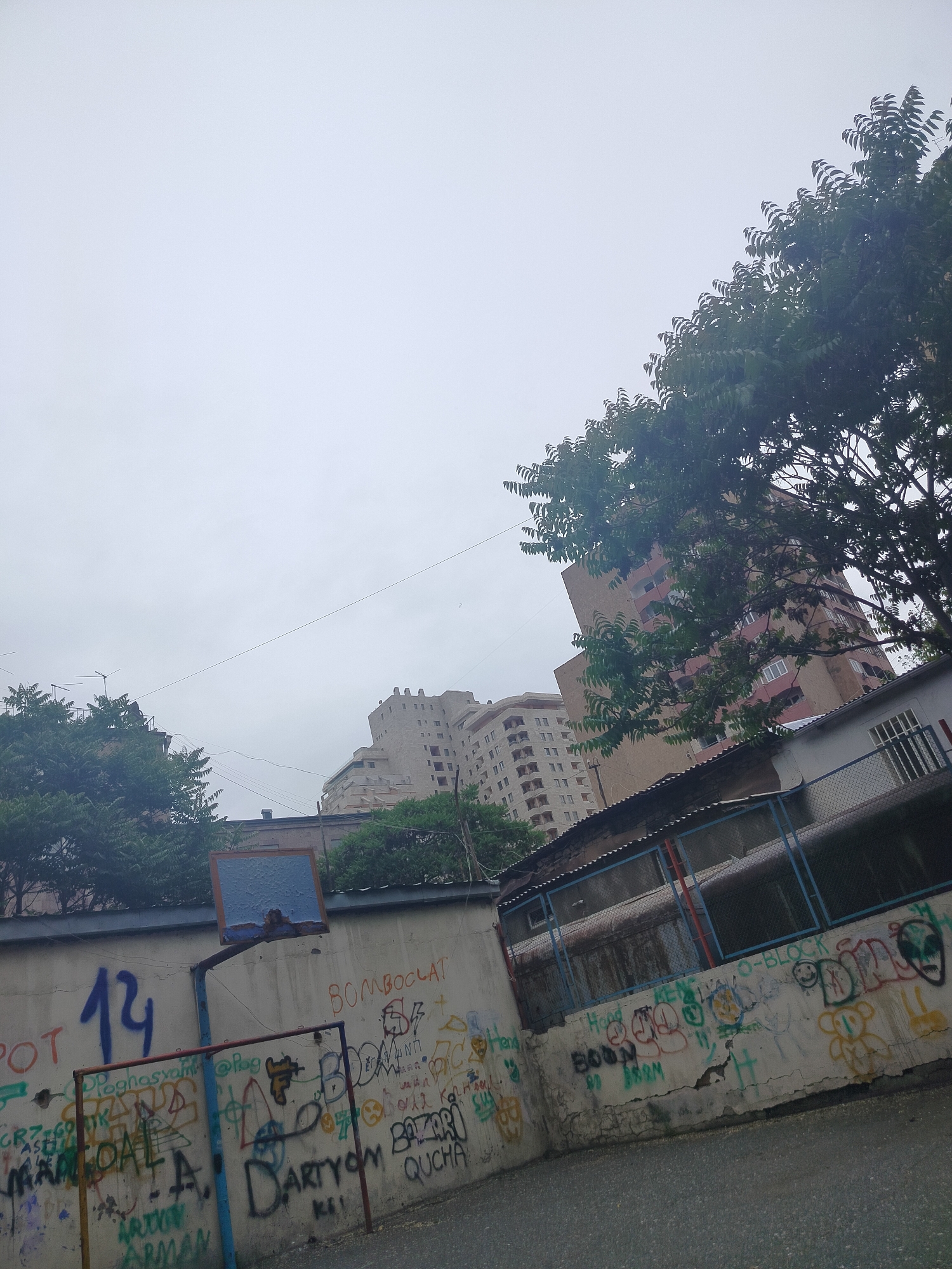 The image presents a street scene in Yerevan, Armenia. The foreground is dominated by a concrete wall covered in graffiti, including words, names, and symbols. A basketball hoop, visibly weathered and attached to the wall, features a backboard with peeling paint. Behind the wall, there is a fence, a tree, and several multi-story buildings of different architectural styles, including one with a pink exterior. The sky is overcast and gray. The ground is asphalt. The image is taken from a low angle.