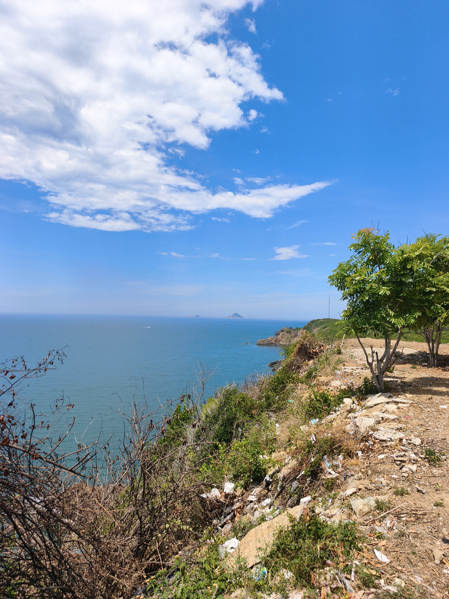 This is a high-angle, medium shot photograph of a coastal cliffside in Nha Trang, Vietnam, with the ocean and sky dominating the background. The sky is a vibrant blue, dotted with fluffy white clouds. The ocean is a deep turquoise, stretching to the horizon where several small, hazy islands are visible. On the cliffside in the foreground, dry, brown brush and weeds are interspersed with scattered white plastic trash. A dirt path runs along the edge of the cliff, with a young green tree to the right. The overall scene depicts a natural landscape marred by pollution.