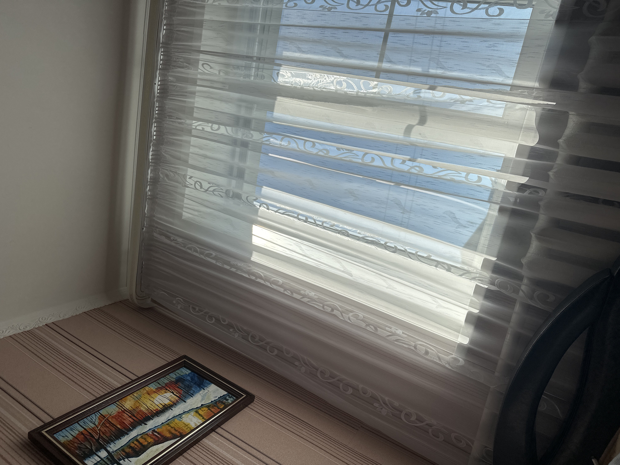 This is a photograph taken inside a room, likely a bedroom, in Rasskazovo, Russia. The room features a large window covered by sheer white curtains with a decorative pattern. Sunlight streams through the curtains, casting shadows and illuminating the room. On the left wall, there is a framed painting with a landscape depicting trees and water with vibrant colors. The wall itself is covered with striped wallpaper in muted tones. The ceiling is visible at the top of the frame, and a dark-colored object, possibly a piece of furniture like the back of a chair, occupies the bottom portion of the image. The scene conveys a sense of natural light and domestic interior.