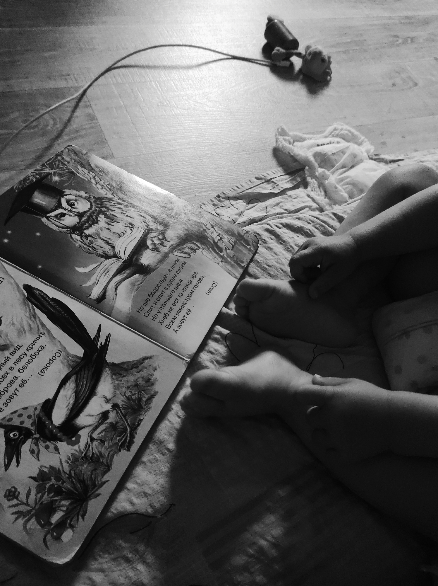 This black and white image captures an intimate, overhead perspective of a child's lower body alongside an open book on a patterned blanket. In the foreground, the bare feet and lower legs of a young child are visible, resting on a light-colored, subtly patterned sheet or blanket. One of the child's hands rests near their foot, and the lower edge of a polka-dotted garment is visible on the right thigh.
An open children's book lies diagonally across the center-left of the frame. The left page features an illustration of a bird, identified by the visible Russian text "Сорока" (Magpie), depicted with a patterned headscarf and beads. The right page shows an illustration of an owl wearing a graduation cap and glasses, holding an open book, with Russian text below, including the word "Сова" (Owl).
To the right of the book, a crumpled piece of light-colored fabric, possibly a small blanket or cloth, is partially visible. In the upper half of the image, a light-toned wooden floor with distinct planks is seen. A dark, thin cable forms an S-curve across the floor, leading towards a small, dark object resembling a toy car or block, next to which a small, light-colored plush toy is situated in the upper right quadrant of the frame. The scene is illuminated by an unseen light source, casting subtle shadows on the child and objects.