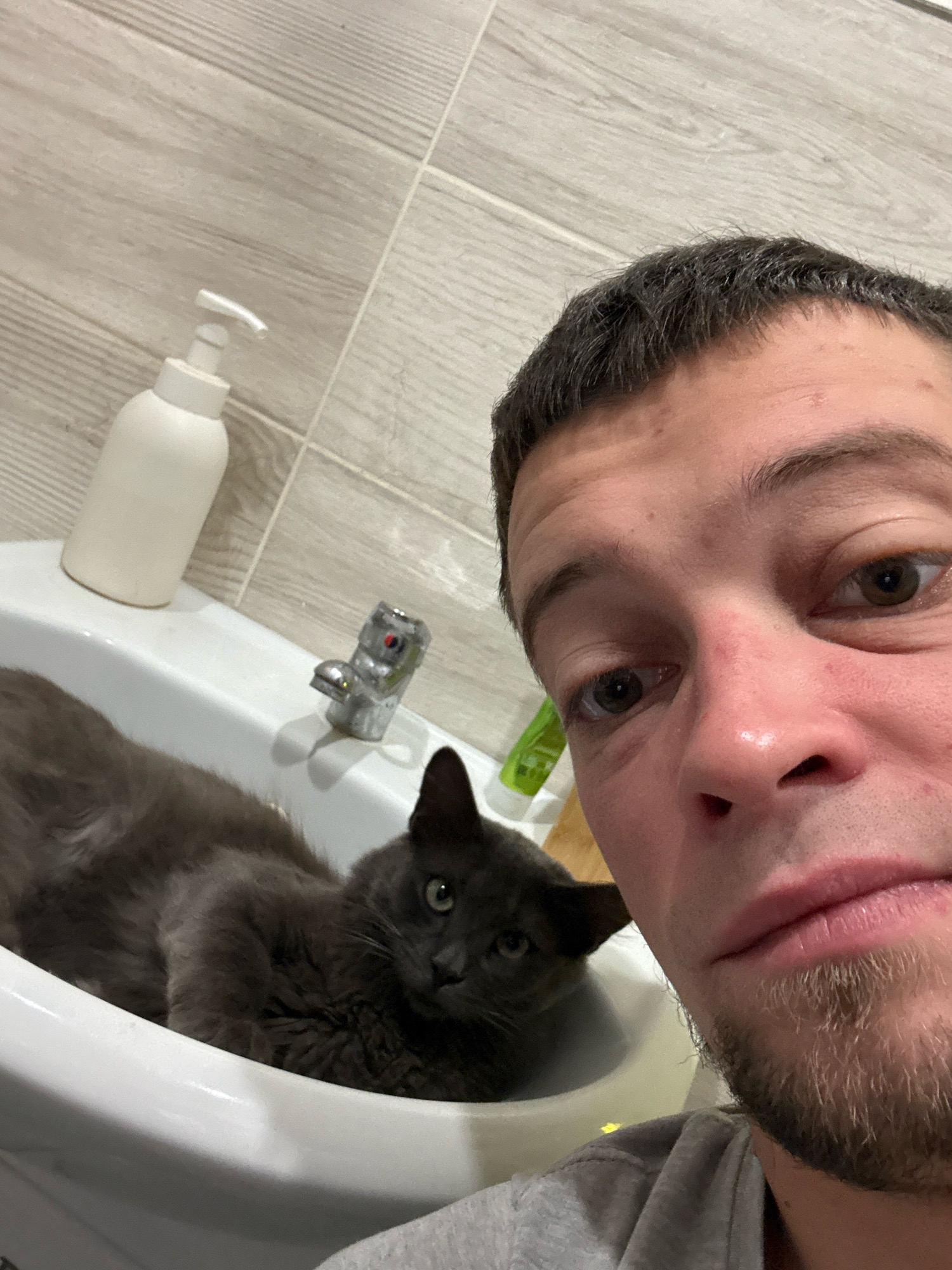 A man is taking a selfie in a bathroom. He is in the foreground, with his face filling the right side of the frame. He has short, dark hair and is looking directly at the camera. In the background, a grey cat is lying in a white sink. The sink has a chrome faucet and a white soap dispenser. The walls behind the sink are tiled with a wood-like pattern. The scene appears to be in a residential bathroom. There is no information in the image to suggest it is located in Saratov, Russia.