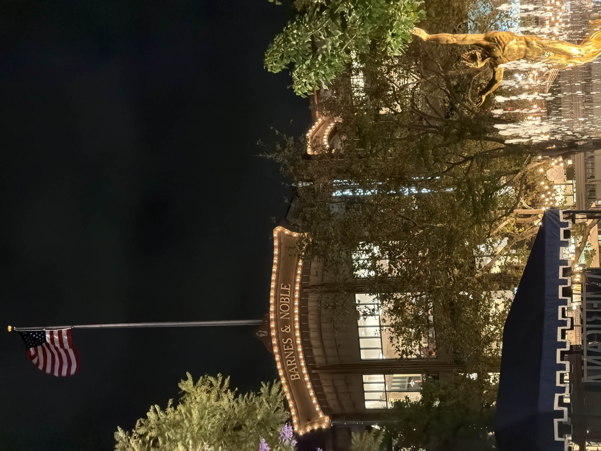 The image depicts an outdoor scene in Glendale, United States of America at night. Prominently featured is a Barnes & Noble sign, illuminated with decorative lights. Adjacent to the sign is an American flag. In the background is a building with lit windows, partially obscured by trees. Above the trees, a golden statue of a diver is visible, with water cascading from it. A dark blue awning is situated on the right side of the frame, partially obscuring a building. The sky is dark, indicating nighttime.