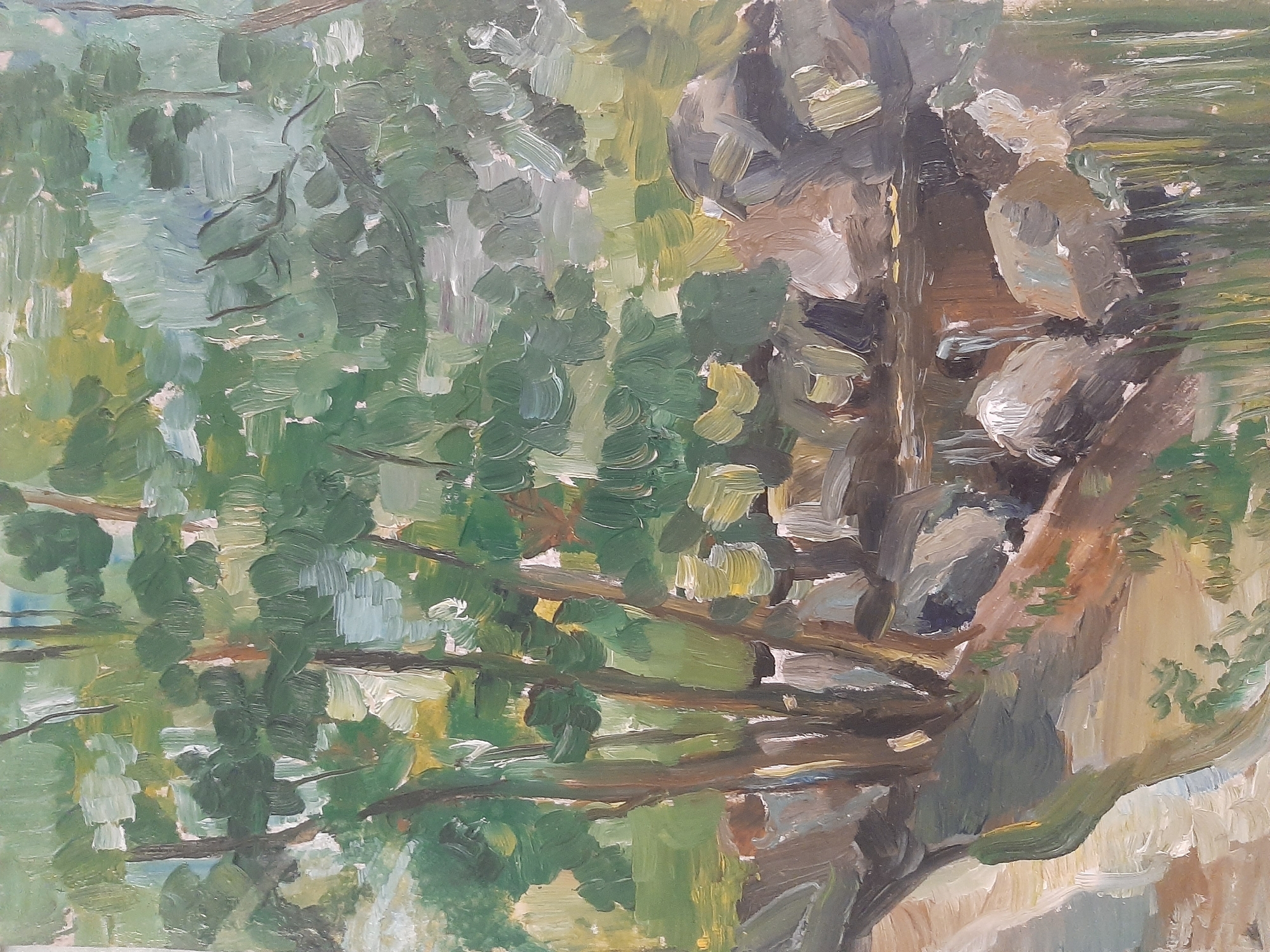 The image is an impressionistic oil painting of a wooded area with a body of water and rocks. The foreground features a path or bank on the left, with textured brushstrokes suggesting light reflecting on a surface. Several trees with visible trunks are depicted in the middle ground, their foliage rendered with loose, green and light-colored strokes. A cluster of rocks and boulders is shown along the edge of the water. The water itself is painted with dark, reflective tones. The background is a blur of green and lighter shades, suggesting more foliage and possibly sky. The overall style is loose and expressive, with a focus on color and light rather than sharp detail. The location is described as Unknown, Unknown, within the city of Unknown. There are no people or animals visible in the painting.