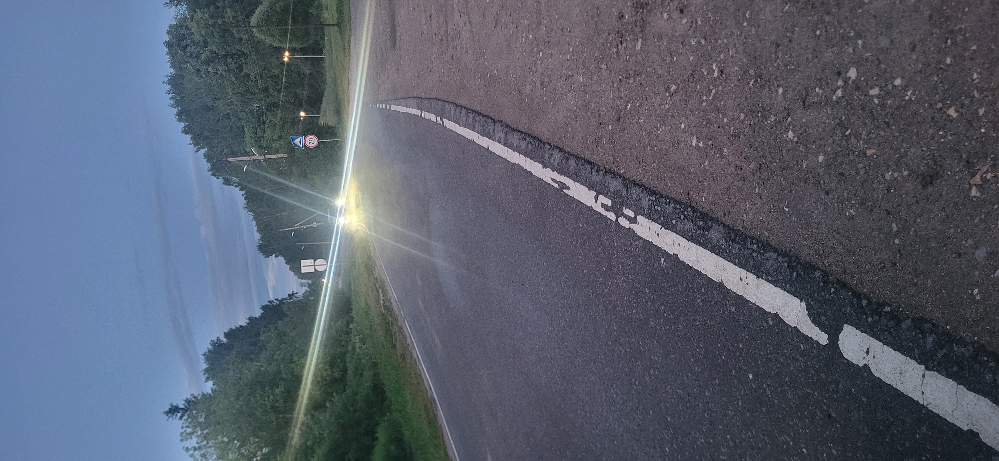 The image depicts a curved asphalt road at dusk, with a vehicle's headlights illuminating the scene. The road is bordered by a grassy verge on the left and a gravel shoulder on the right. Trees line both sides of the road, and streetlights are visible in the background. A speed limit sign indicating 20 km/h is also present. The sky is a deep blue, suggesting twilight. The location is identified as Чайка Снт, Russia.