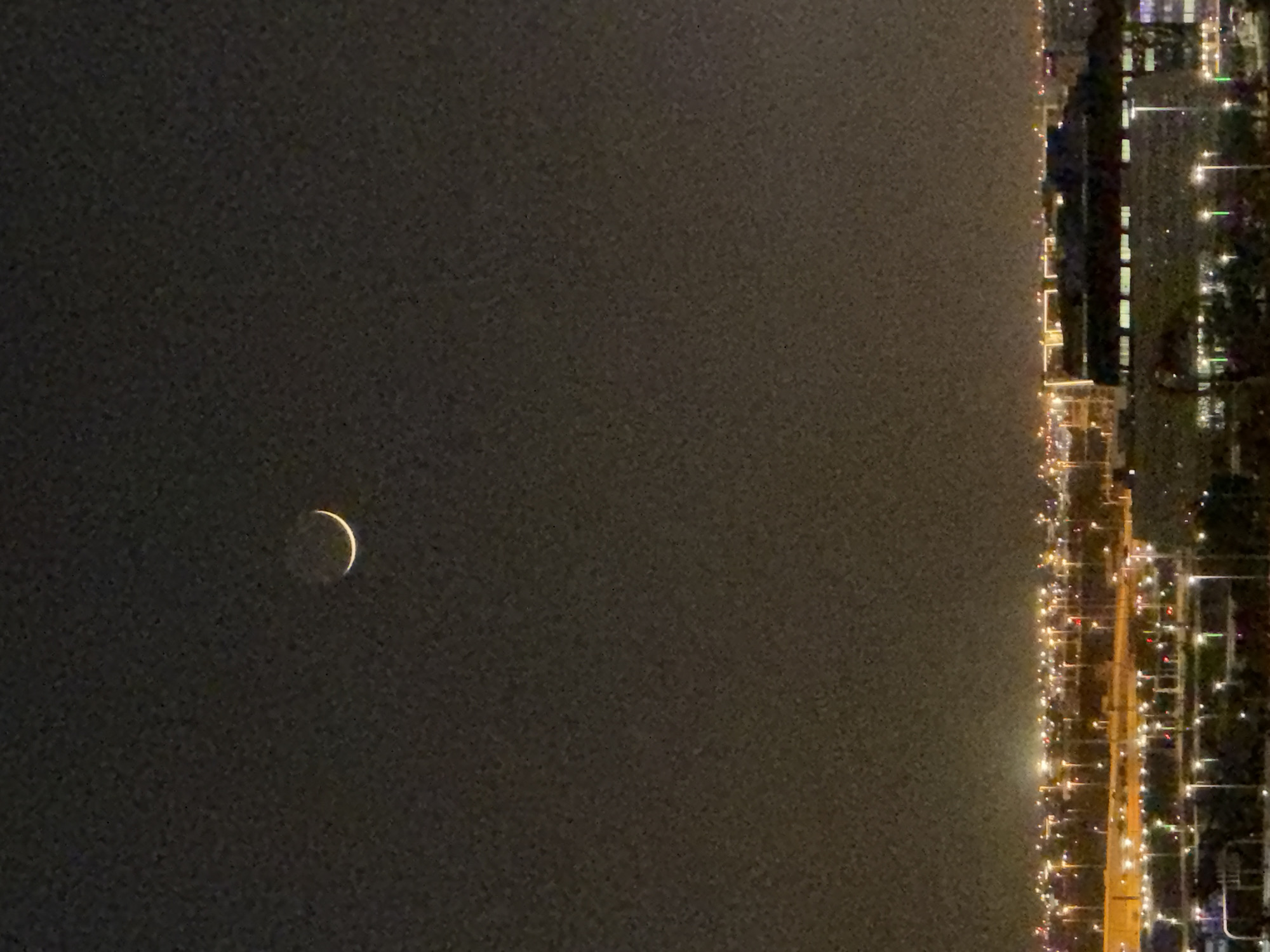A crescent moon hangs in a dark, grainy night sky above a sprawling cityscape. The moon is positioned in the upper left quadrant of the image, a thin sliver of light against the oppressive darkness. Below, the city lights stretch across the horizon, a tapestry of orange and white illumination. Buildings, some with illuminated windows, are visible, interspersed with trees and streetlights. The overall impression is one of urban expanse under the watchful gaze of the night sky.