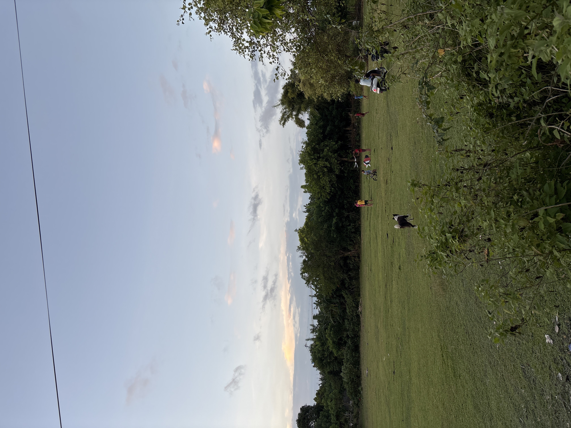 The image depicts a grassy field in Kuta Selatan, Indonesia, under a sky with wispy clouds. A line of trees borders one side of the field. Several people are scattered throughout the field, some standing, some on bicycles. A dog is also present. The overall scene appears to be a park or recreational area at dusk.