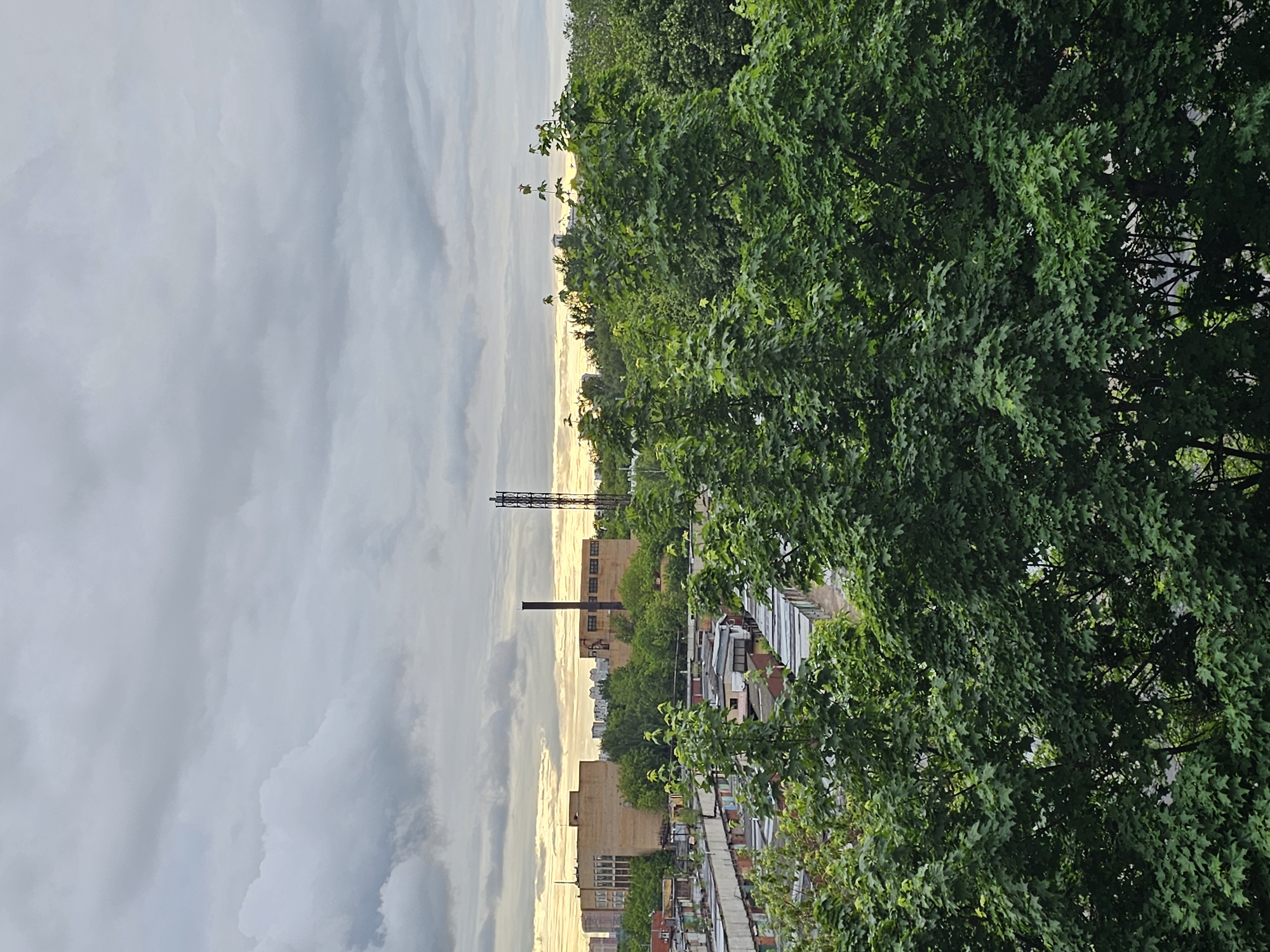 The image shows a view of an urban area during what appears to be sunset or early evening. The left side of the frame is dominated by a cloudy sky, transitioning into a glow on the horizon. A cluster of industrial buildings with a tall smokestack is visible, with green trees in the middle of the frame. In the foreground, there is dense tree foliage. The overall composition suggests a somewhat elevated perspective overlooking an industrial area.
I cannot confirm the location of this photo. I cannot confirm that the location of this photo is in Khimki, Russia.