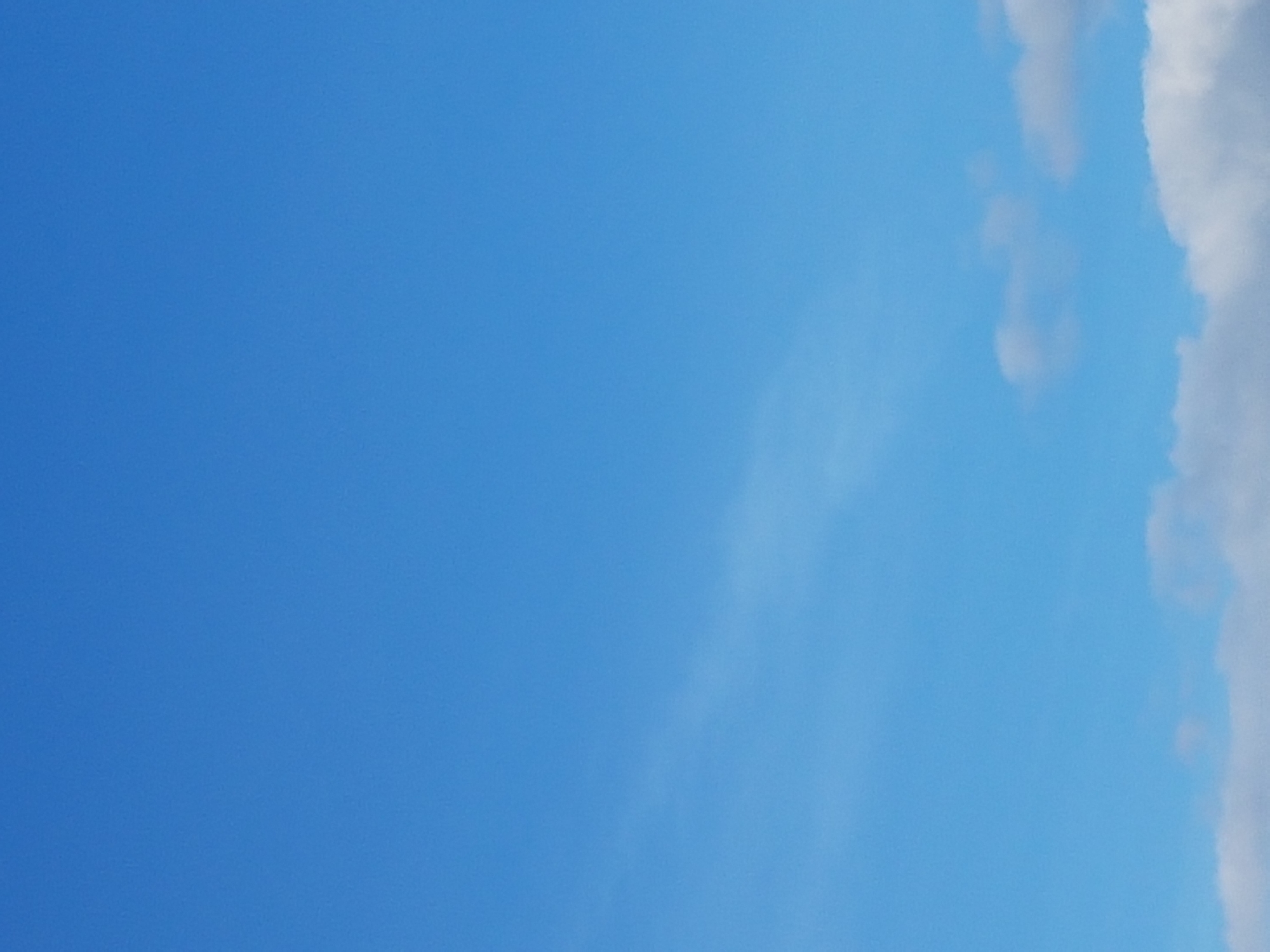 The image is a vertical, full-frame shot of a clear blue sky with scattered white clouds. The clouds are concentrated towards the bottom of the frame, appearing as wisps and larger formations. The sky itself is a uniform bright blue. There are no people, structures, or other identifiable objects present in the image. The scene appears to be an outdoor environment, likely during the daytime. The location is listed as Unknown, Unknown.