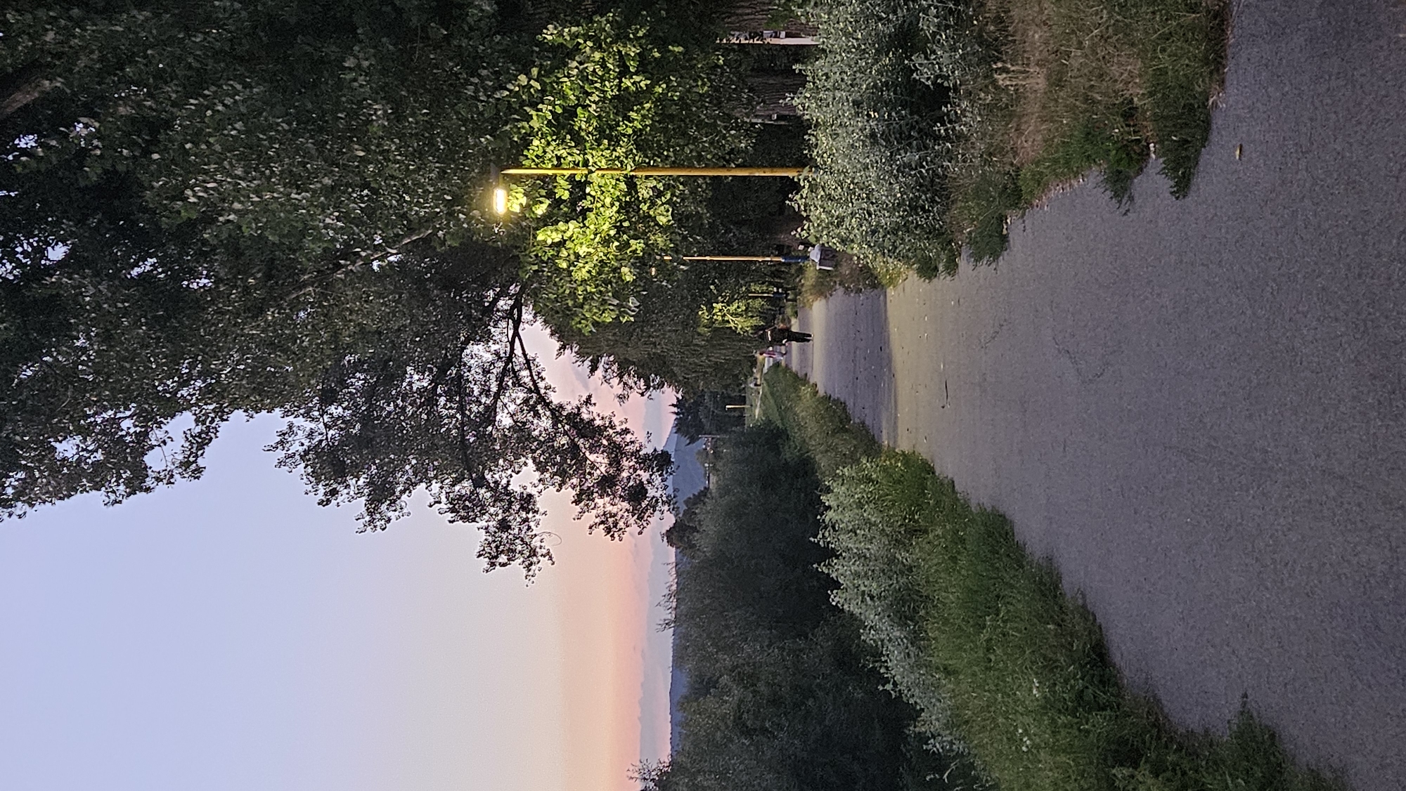 The image depicts a paved pathway in the city of Prešov, Slovakia, alongside a body of water, likely the Sekčov river, with lush vegetation bordering the pathway. The time of day is twilight, with a gradient of soft pink and pale blue in the sky. Tall trees with dense foliage line the right side of the pathway, interspersed with yellow lampposts that cast a warm glow on the scene. Two individuals are visible walking away from the camera on the pathway. The pathway itself shows signs of wear and tear, with cracks in the pavement. The overall atmosphere is serene and tranquil, suggesting a popular spot for evening walks or recreation.
