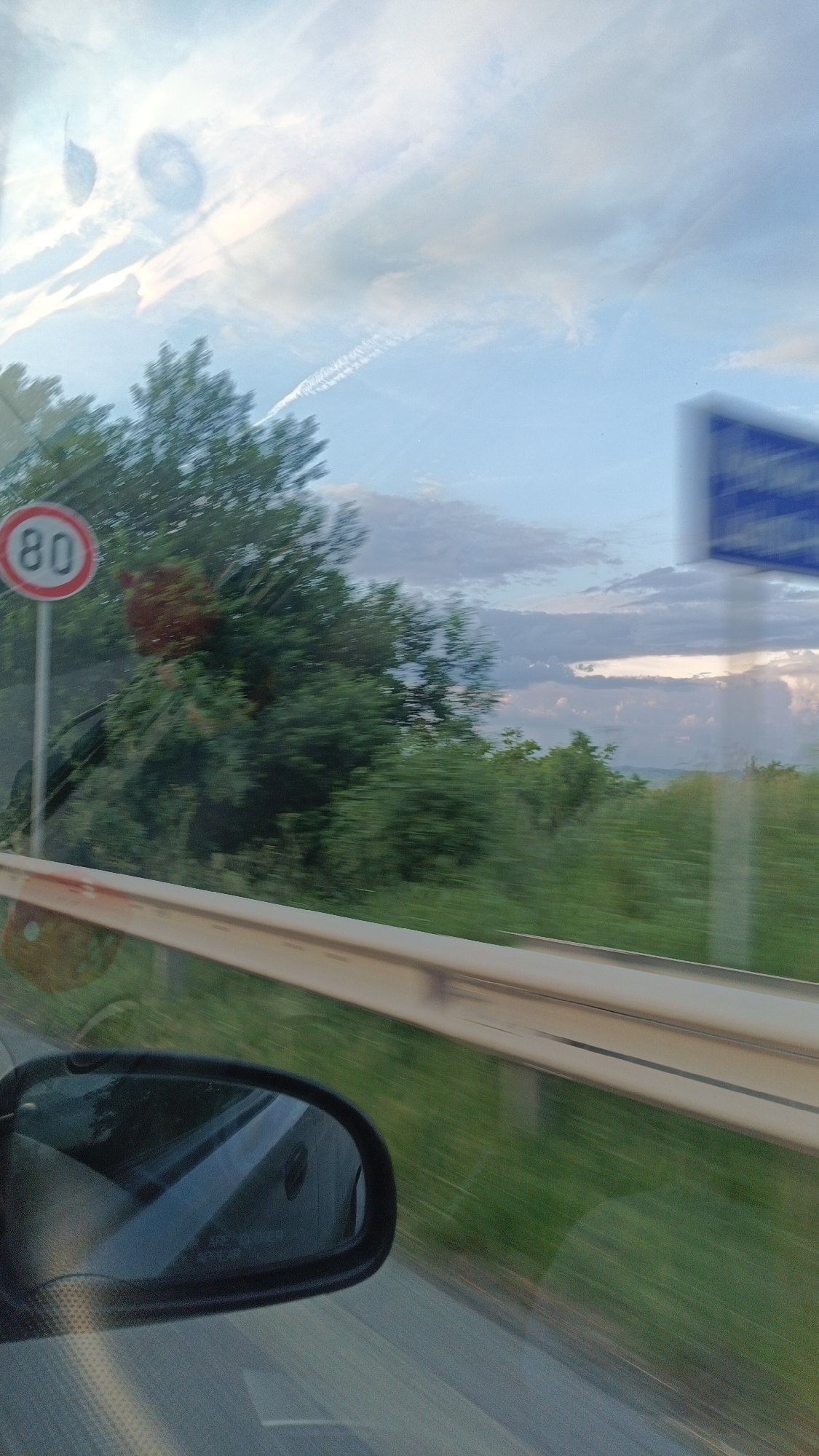 The image, taken from inside a moving vehicle, shows a view of the roadside. A speed limit sign indicating "80" is visible on the left, partially obscured by foliage. A metal guardrail runs along the side of the road. The side mirror of the vehicle is visible in the lower left corner. The background consists of trees, grass, and a cloudy sky. A sign is blurry on the right.
The location is Burgas, Bulgaria.