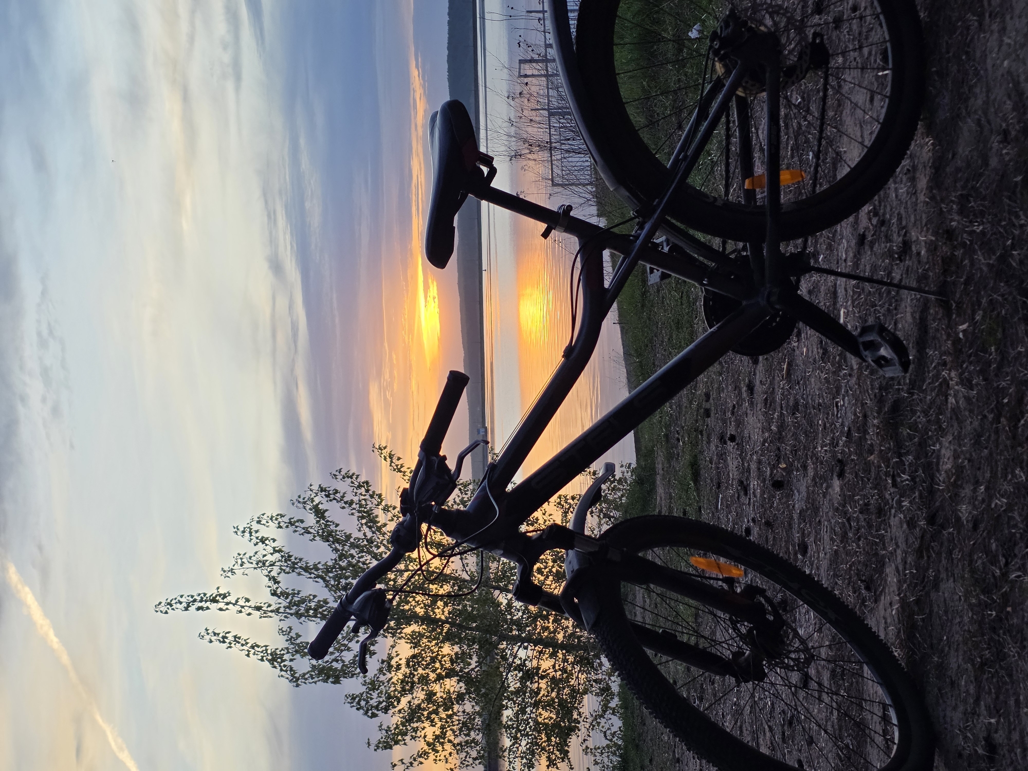 The image captures a bicycle silhouetted against a sunset over a body of water. The bicycle is primarily black, with tires, frame, handlebars, and seat clearly visible. The water reflects the colors of the sunset, featuring orange and yellow hues. In the background, faint outlines suggest structures near the water's edge. A small tree with budding leaves is positioned behind the front portion of the bicycle. The ground where the bicycle stands appears to be a mix of grass and dirt. Given the general characteristics of the landscape and the presence of a body of water, it is likely this scene was captured in Chaikovsky, Russia, which is known for its reservoir and natural settings.