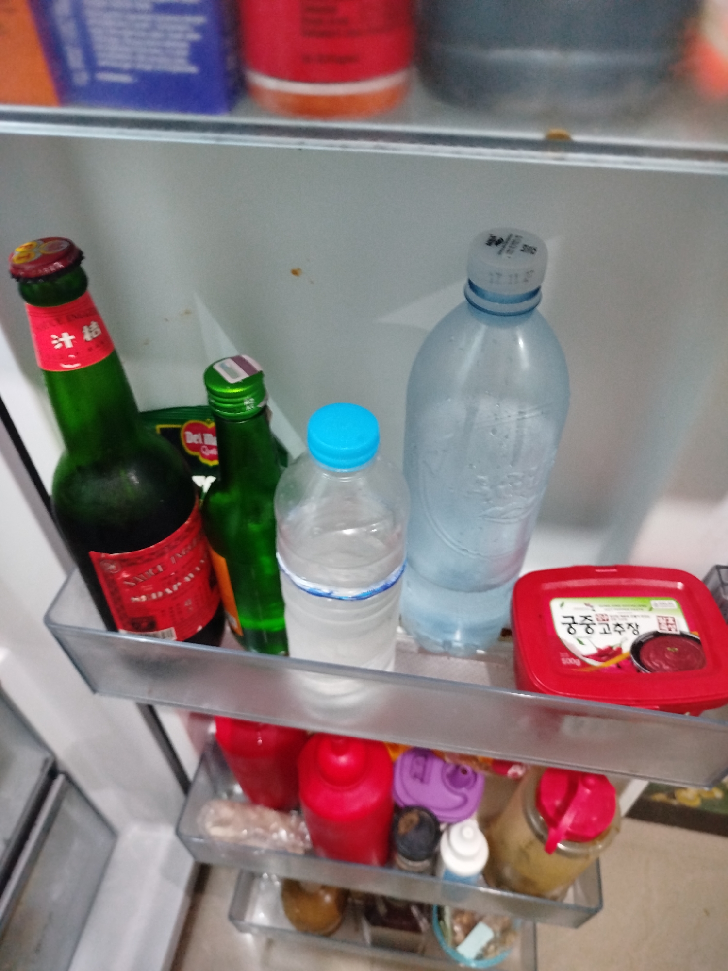 This image depicts the interior of a refrigerator shelf, likely in a residential setting in Bandungrejo, Indonesia. The shelf is made of clear plastic and contains various food and beverage items.
Prominently featured is a large, clear plastic bottle of water with a blue cap, positioned towards the right side of the shelf. To its left, a smaller clear plastic bottle with a blue cap is also present, containing a clear liquid.
On the left side of the shelf, a dark green glass bottle with a red label is visible. The label has some text and graphics, including what appears to be Chinese characters. Next to it, a thinner green glass bottle with a silver cap is also present.
In the background, a bright red rectangular container with Korean text and an image of chili peppers is positioned. Other items on the shelf include red plastic containers, a purple object, and a glass jar containing a yellow substance with a red lid.
The overall environment appears to be a well-stocked refrigerator, suggesting recent grocery shopping or regular use. The lighting is consistent with indoor refrigerator lighting.